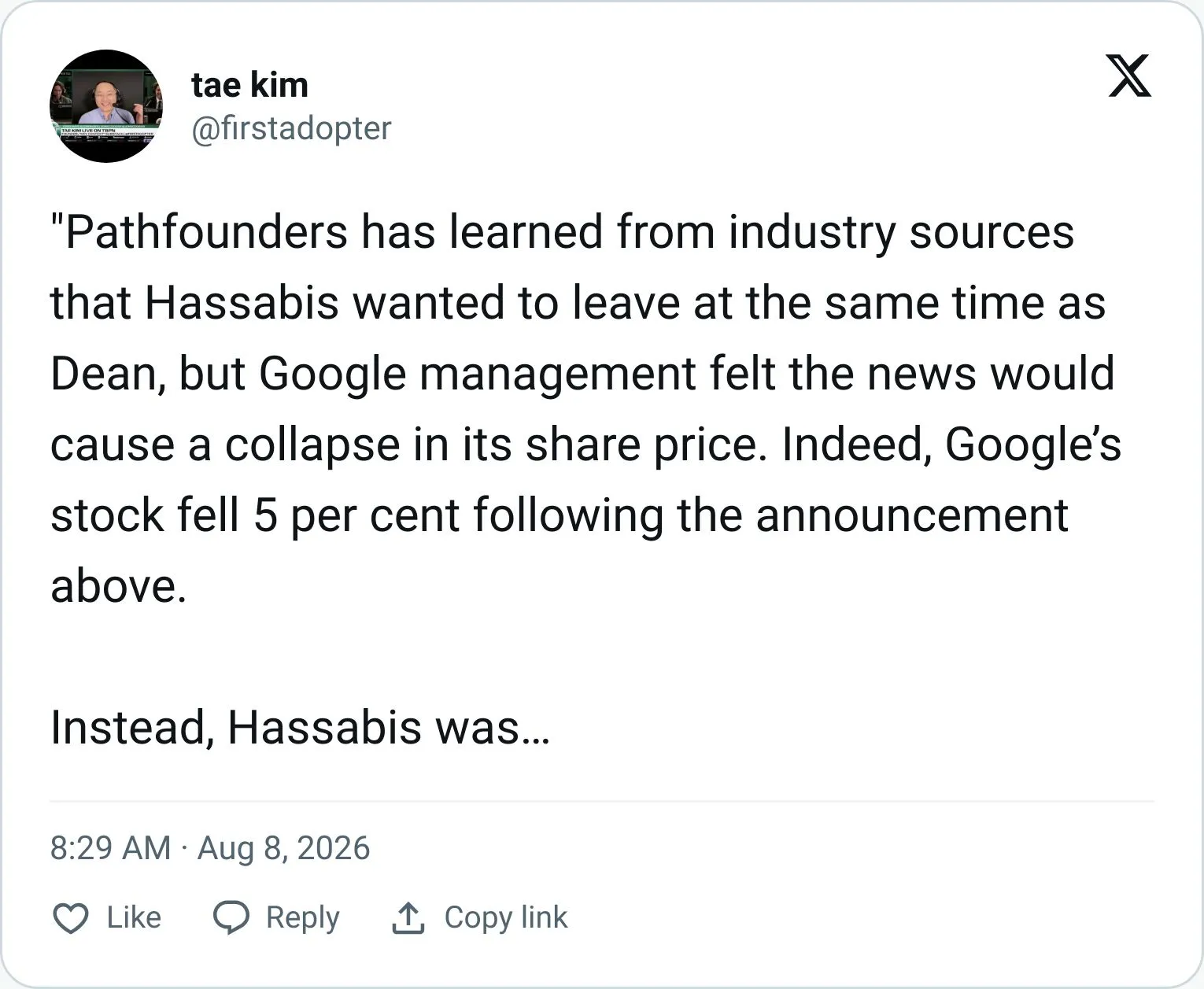 Tweet about rumors behind Demis Hassabis stepping aside at Google DeepMind