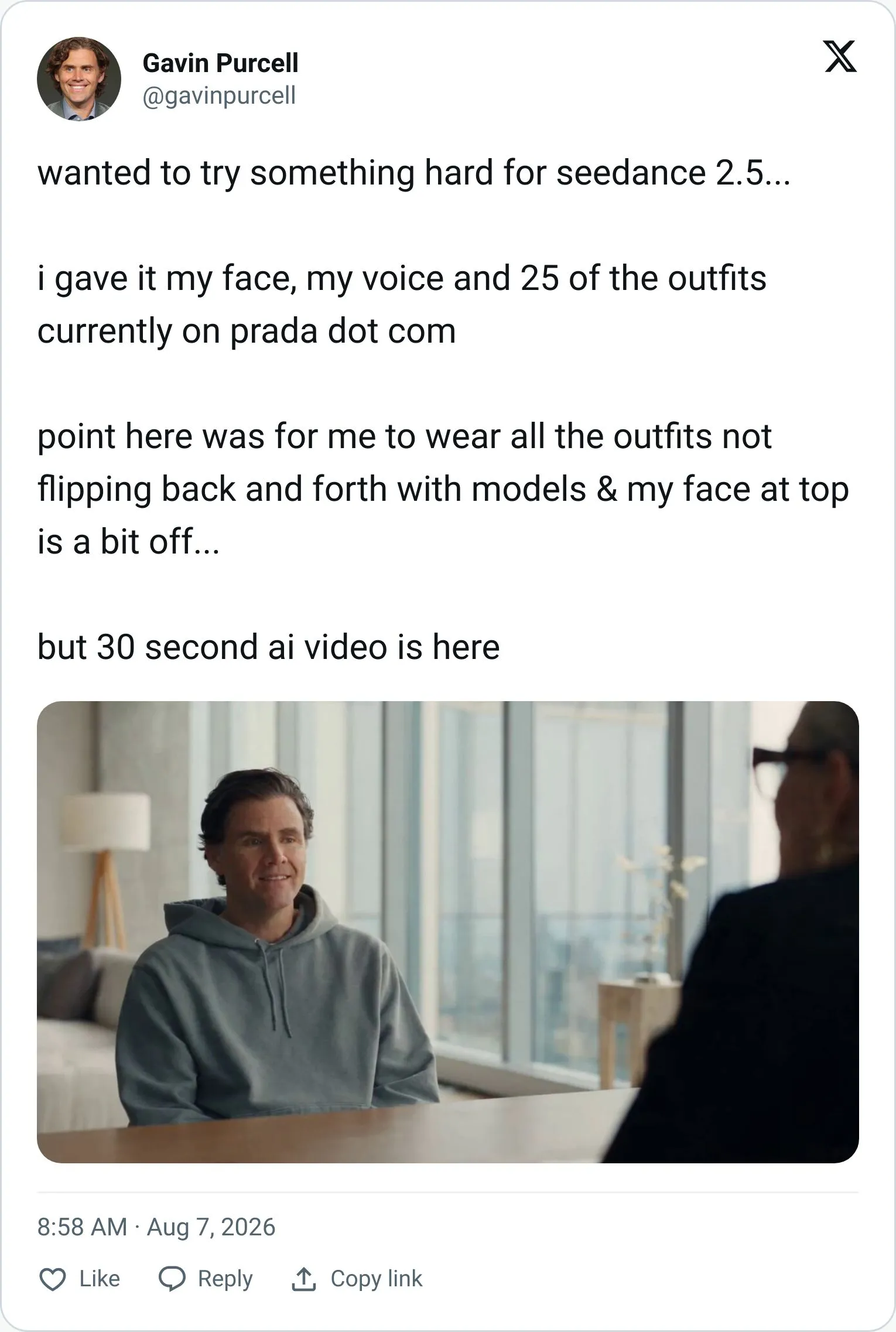Gavin Purcell Seedance 2.5 video wearing the Prada menswear line-up