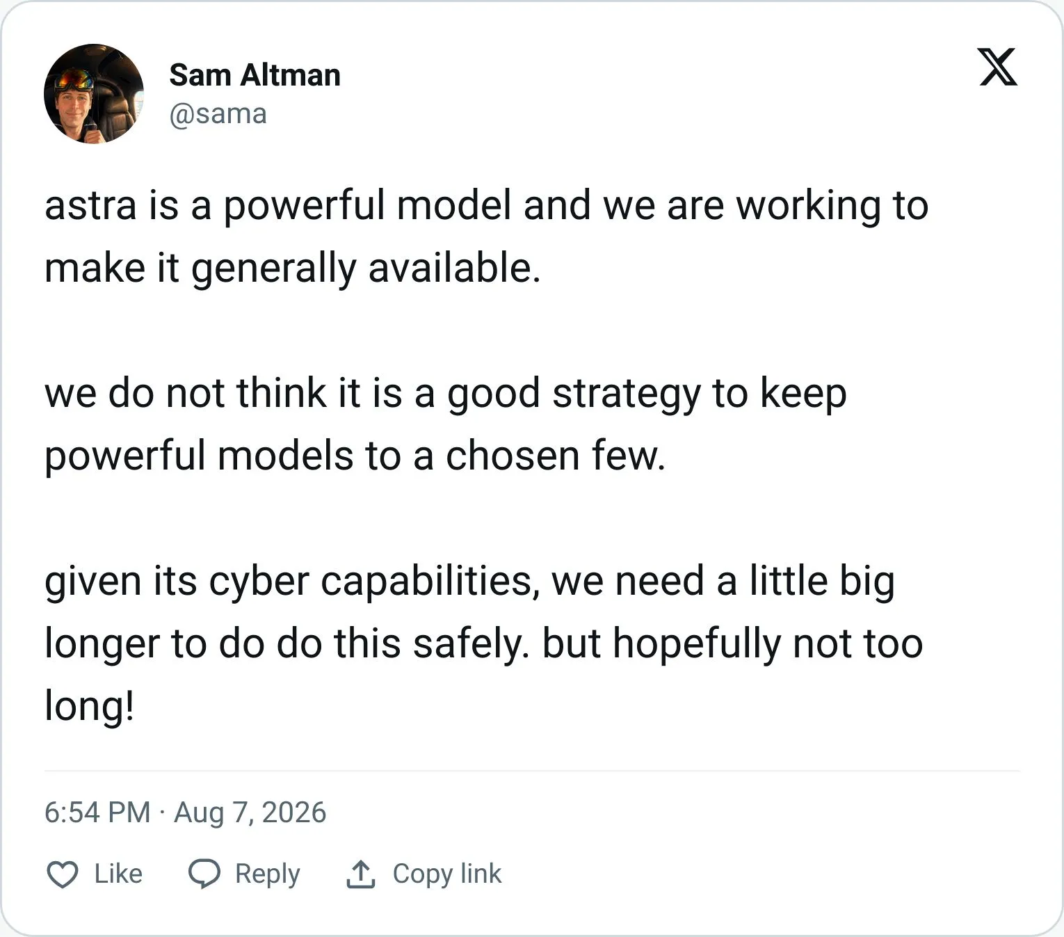 Sam Altman tweet announcing a delay to Astra for safety work