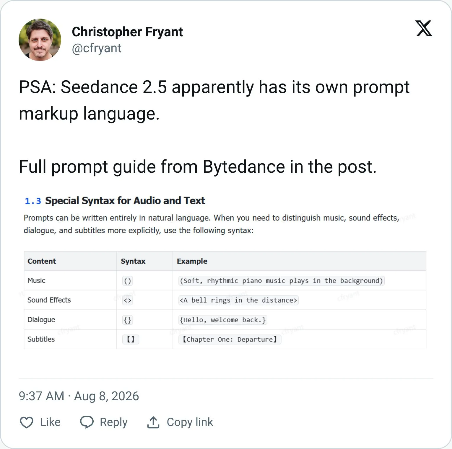 Tweet sharing ByteDance's Seedance 2.5 prompting guide