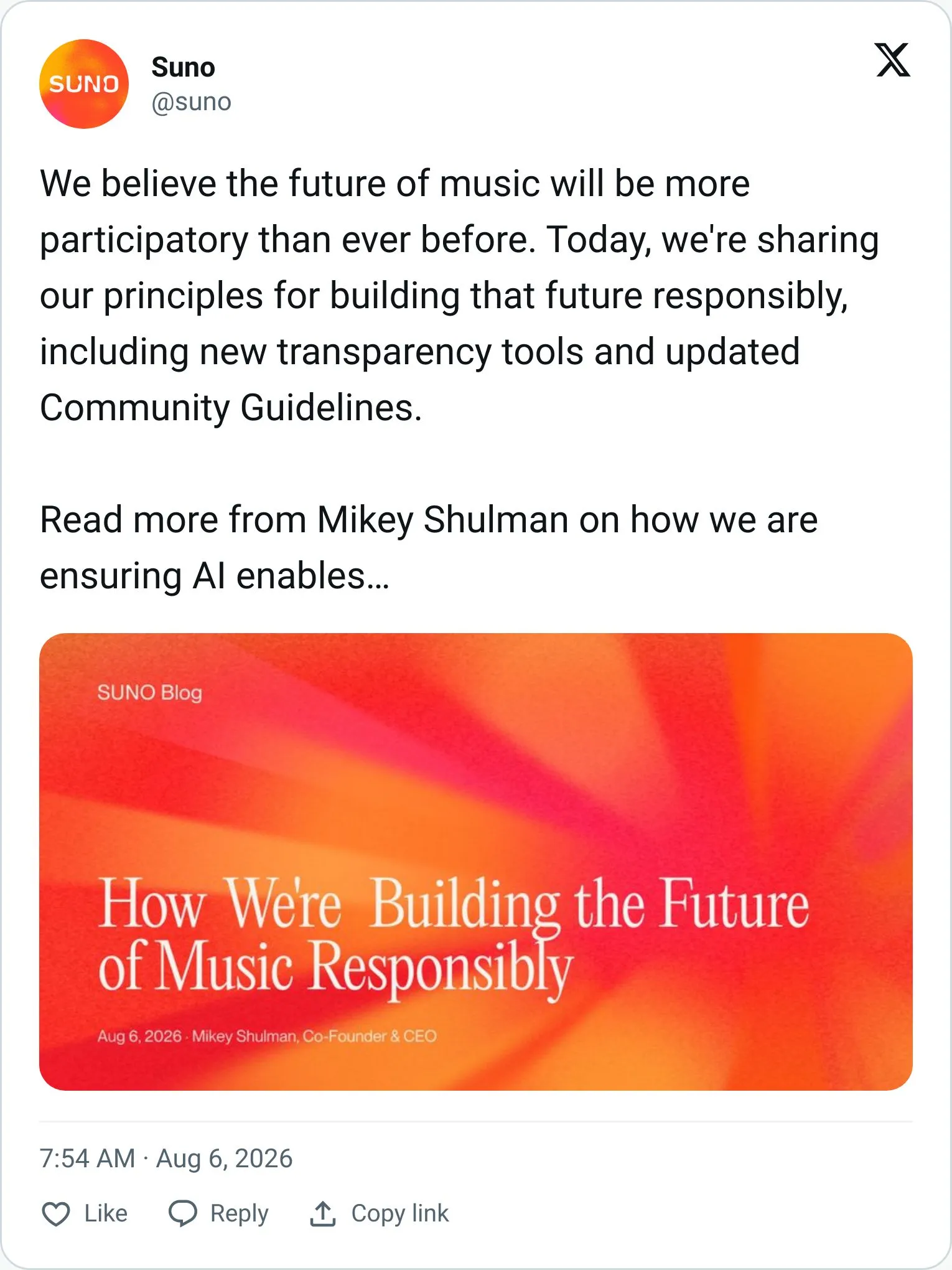 Suno tweet about audio watermarking