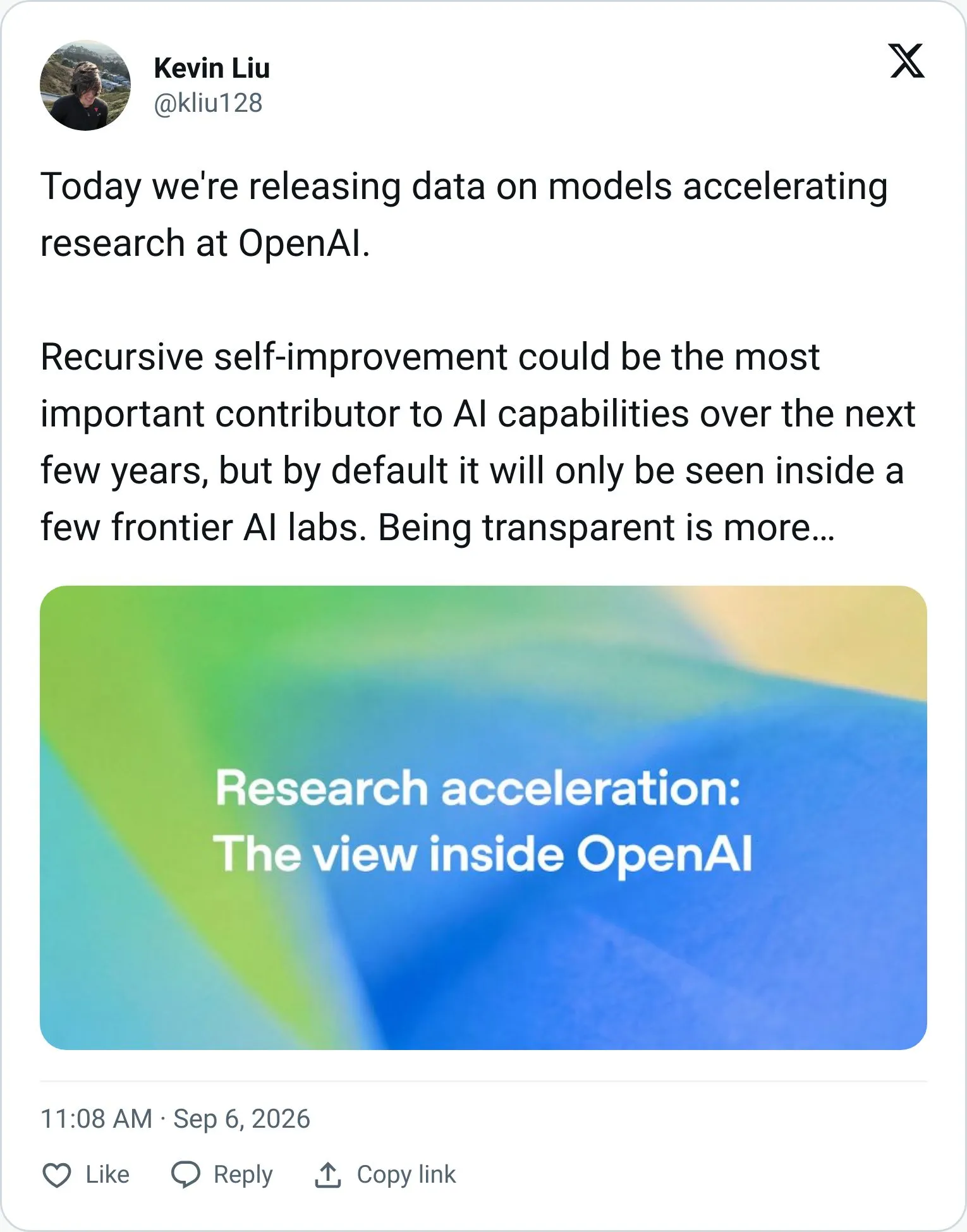 Tweet about OpenAI reaching its automated AI research intern goal