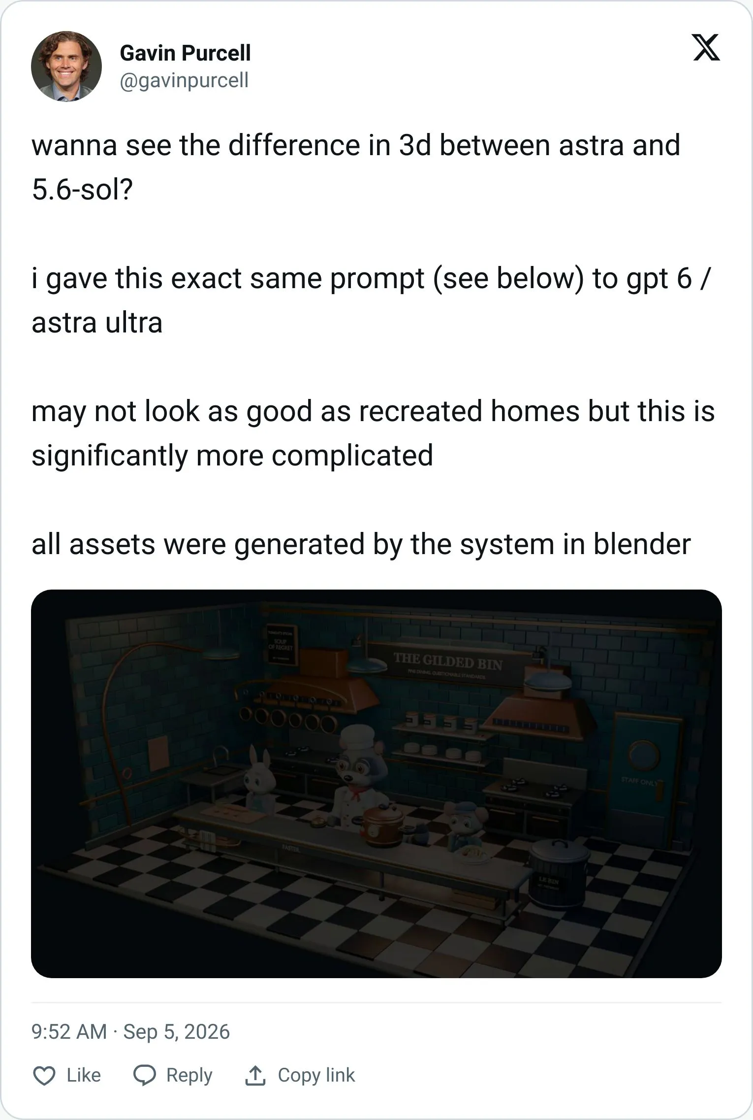 Gavin Purcell tweet comparing GPT-6 Astra and GPT-5.6 Sol Blender builds