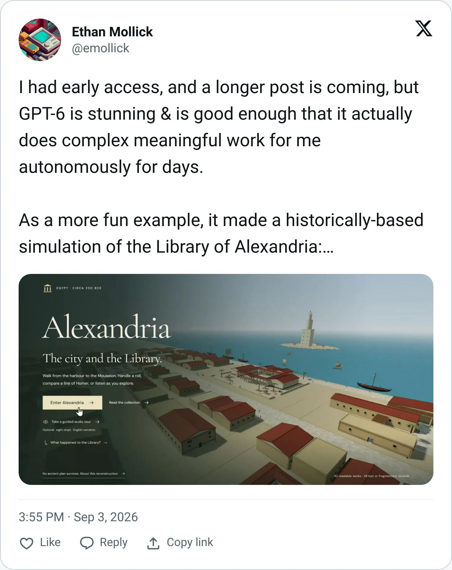 Ethan Mollick tweet about GPT-6 Astra working autonomously for days