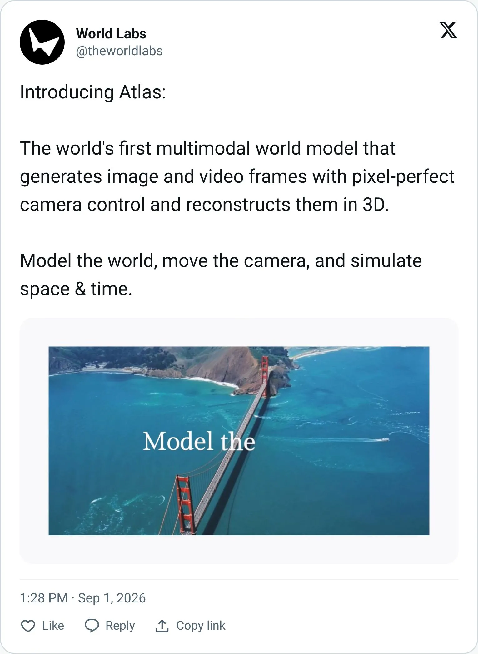 World Labs tweet announcing the Atlas world model