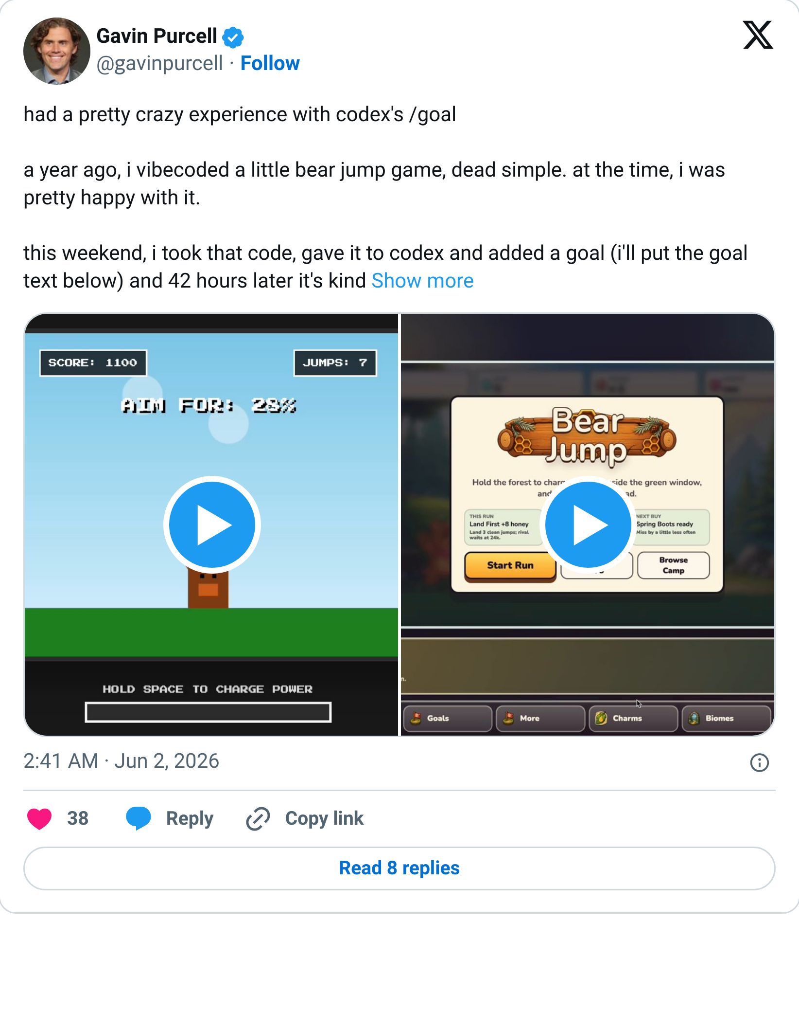 Gavin's bear jump game project tweet