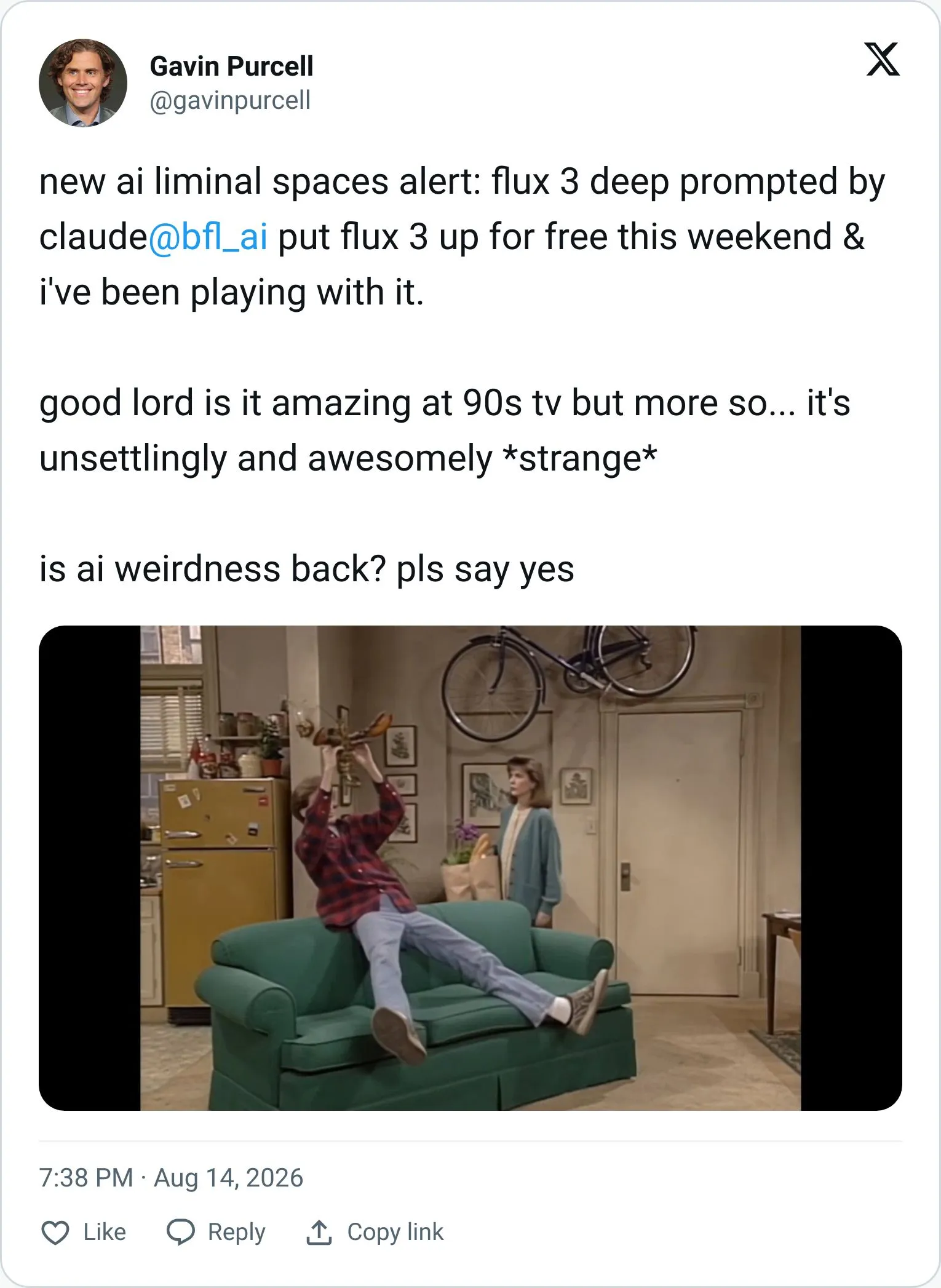 Gavin Purcell tweet showing 90s TV style clips made with Flux 3
