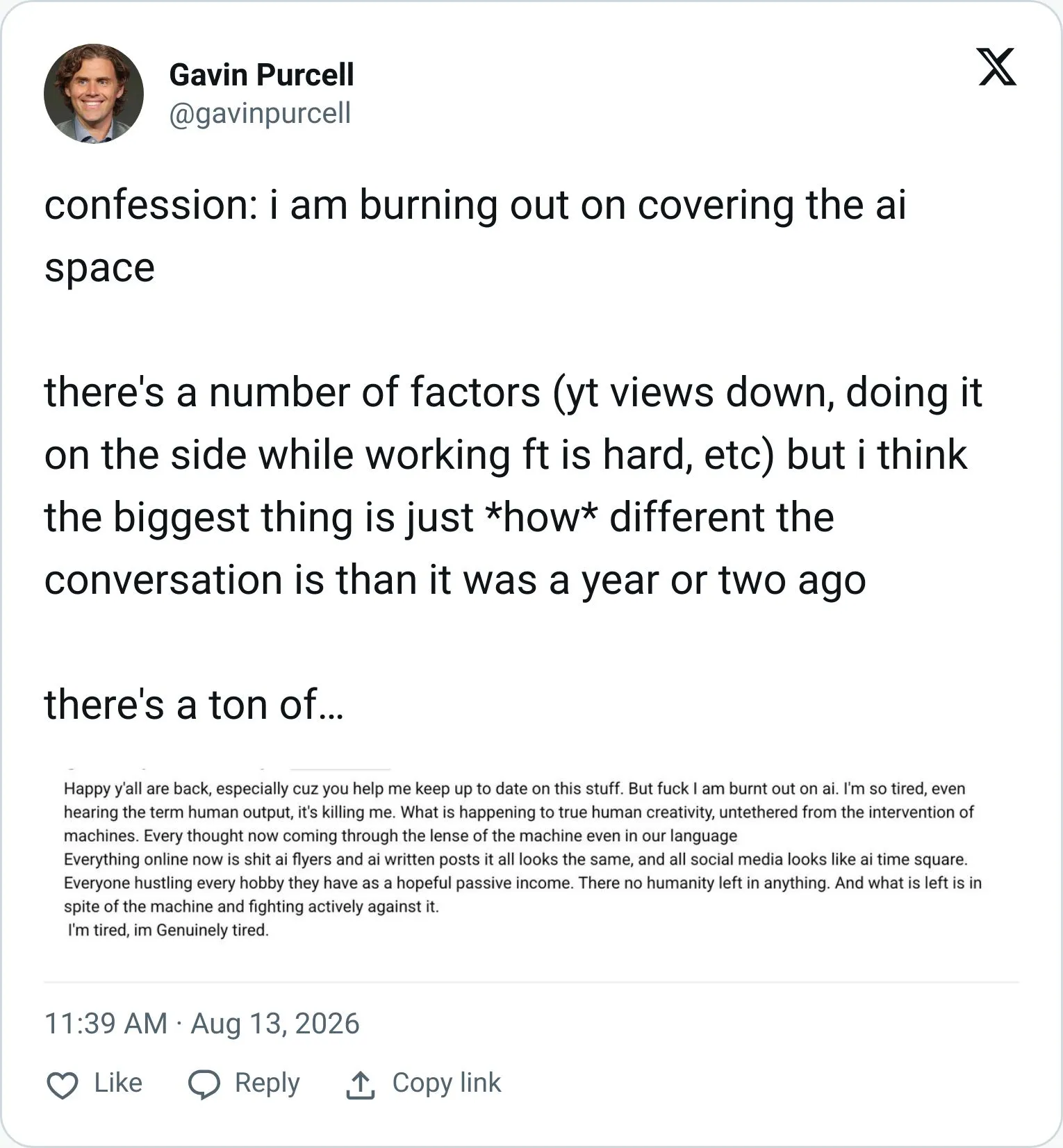 Gavin Purcell tweet about the public's feelings toward AI