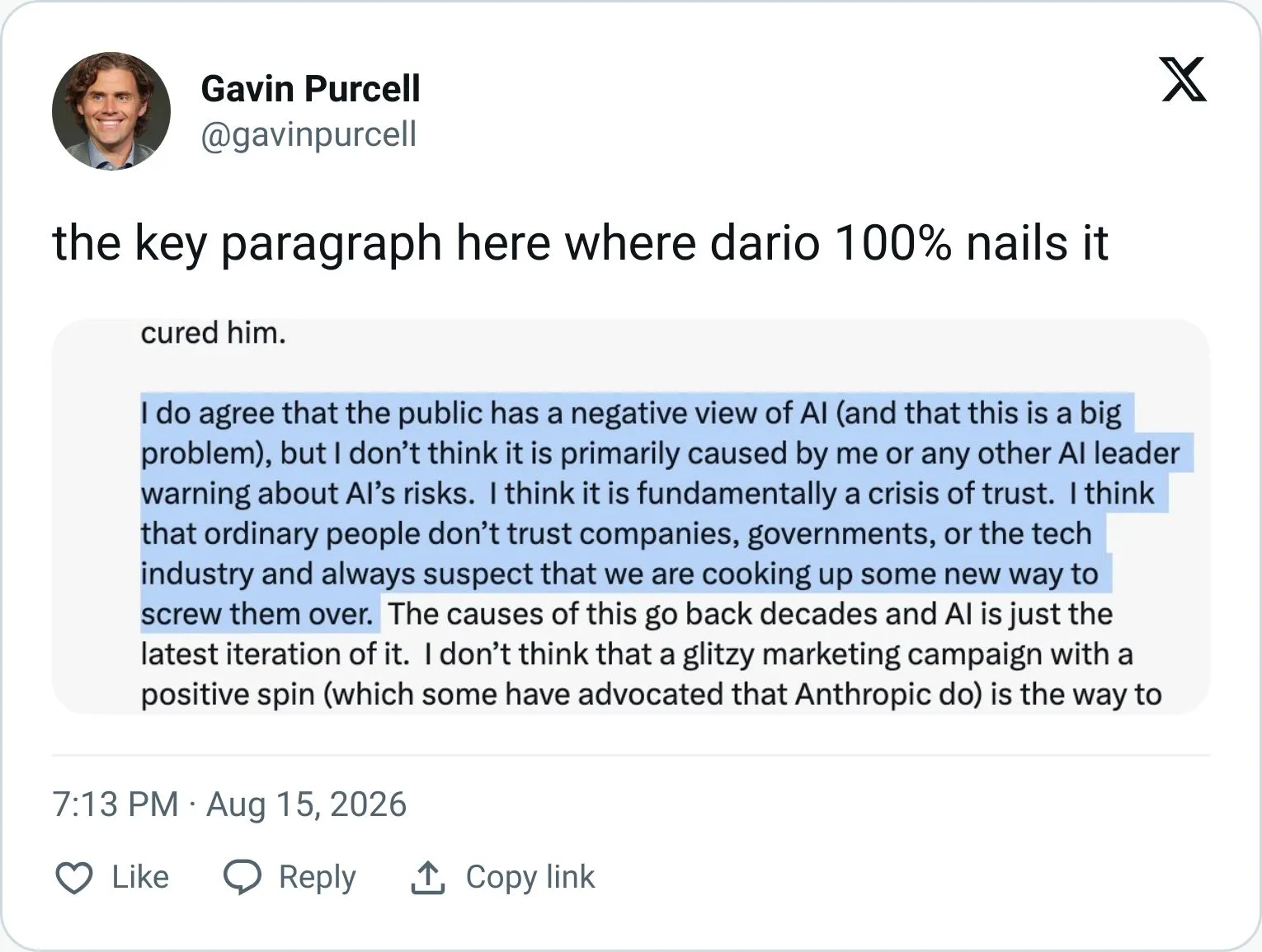 Gavin Purcell tweet about Dario Amodei's response on public trust in AI