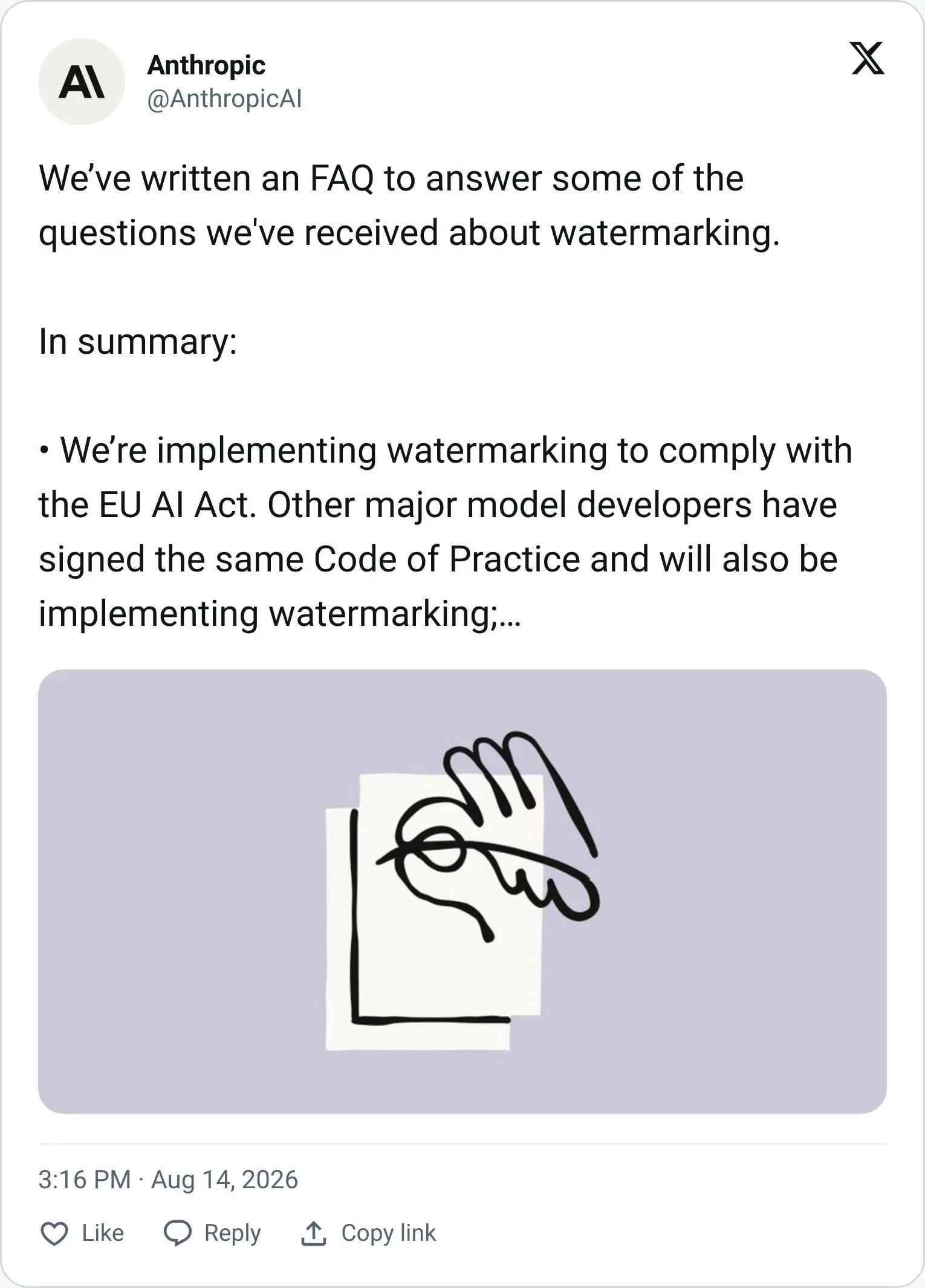 Anthropic tweet announcing Claude text watermarking