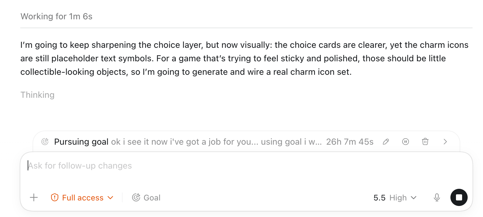 Codex app working on a bear jumping game