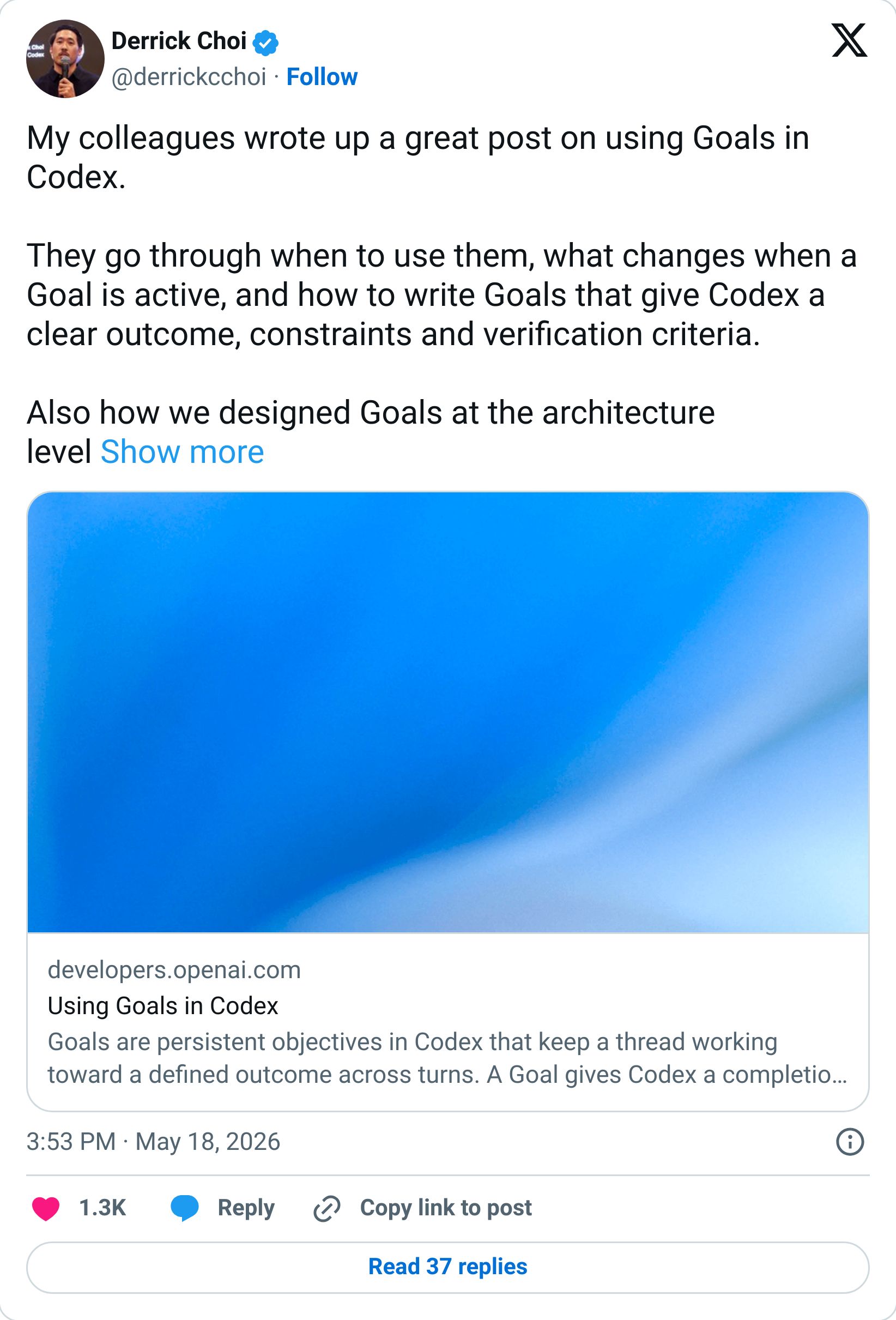 Tweet showing Codex /goal running autonomously