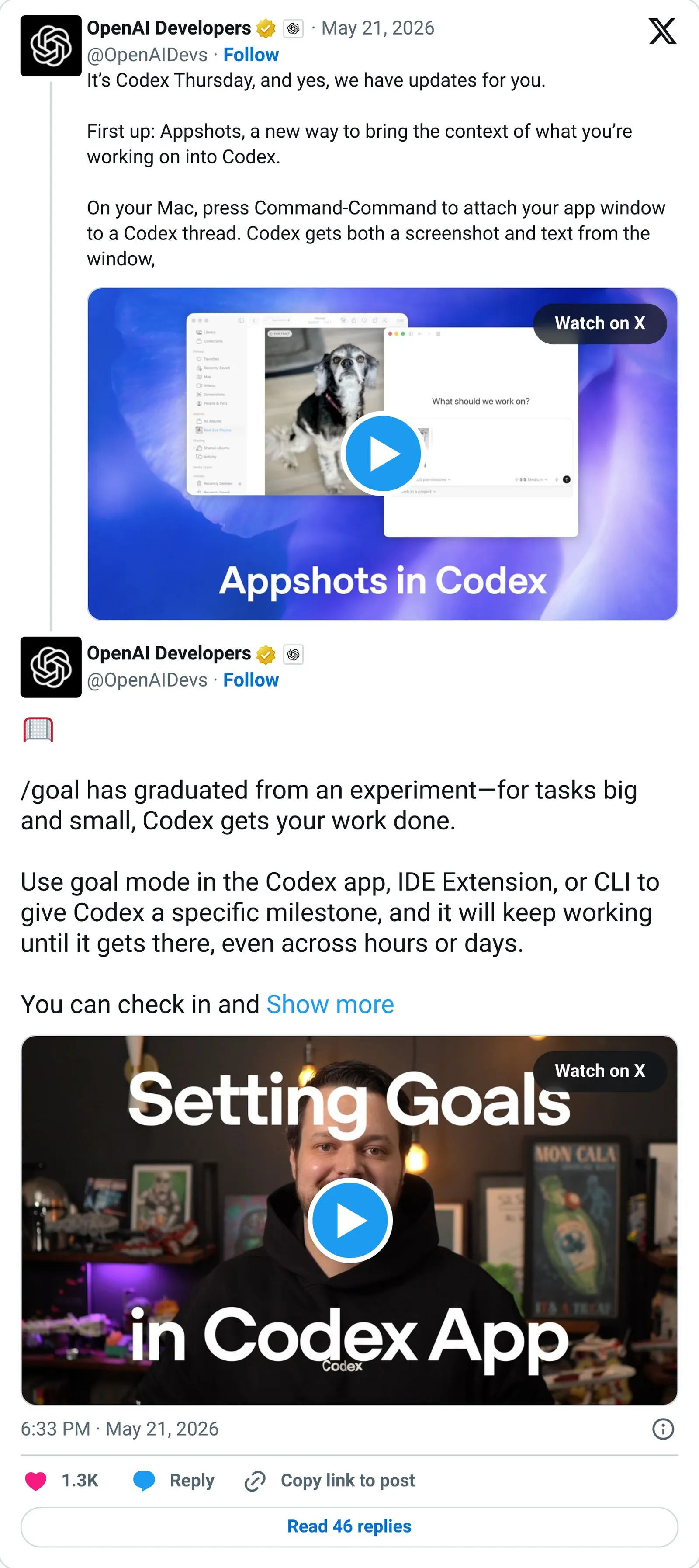 OpenAI Devs tweet announcing the /goal command