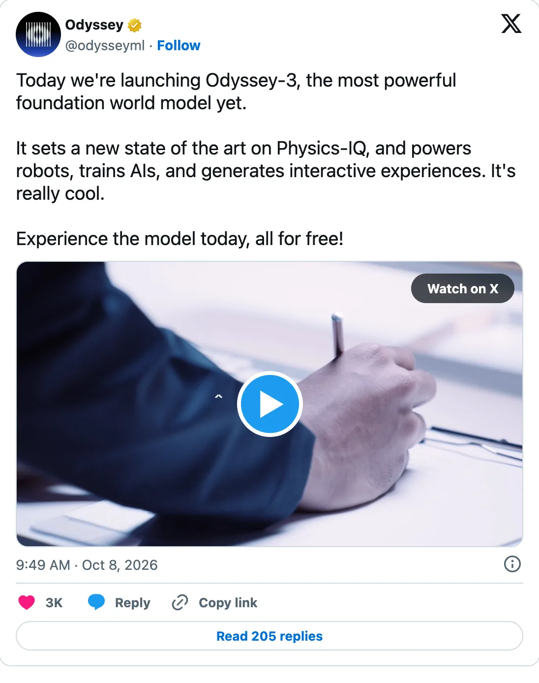 Odyssey tweet launching Odyssey-3, a world model you can try free