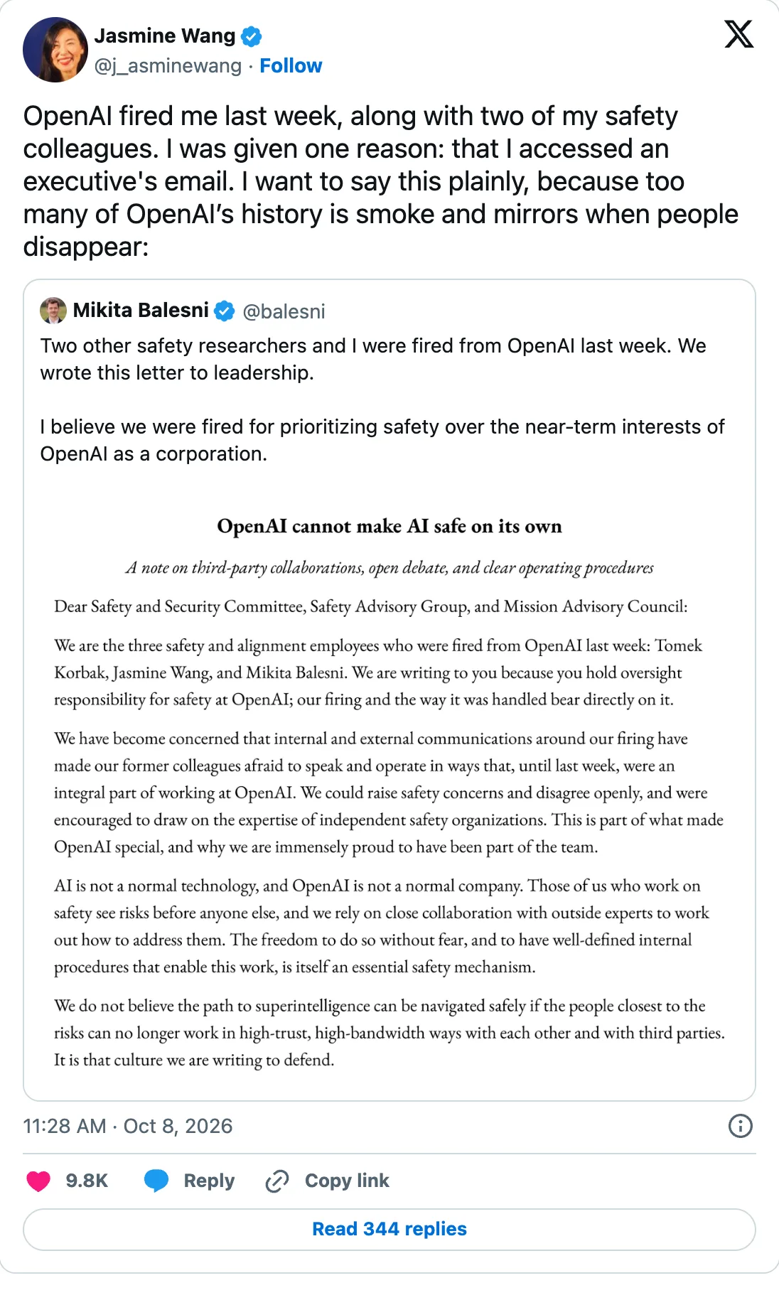 Jasmine Wang tweet about being fired from OpenAI, quoting the open letter