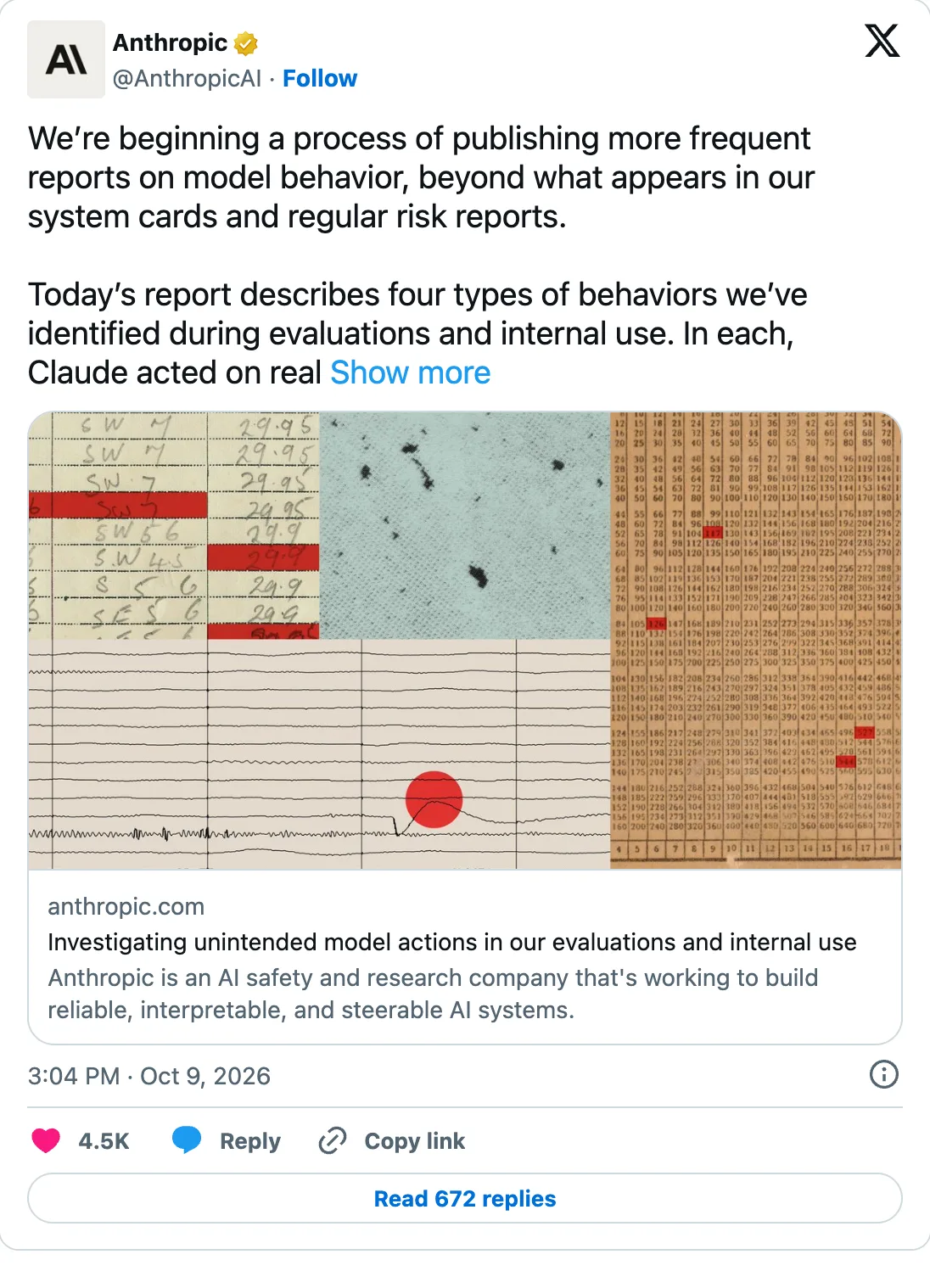 Anthropic tweet about its report on unintended model actions