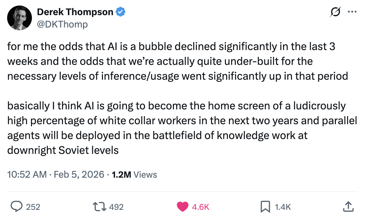 Derek Thompson tweet about AI bubble