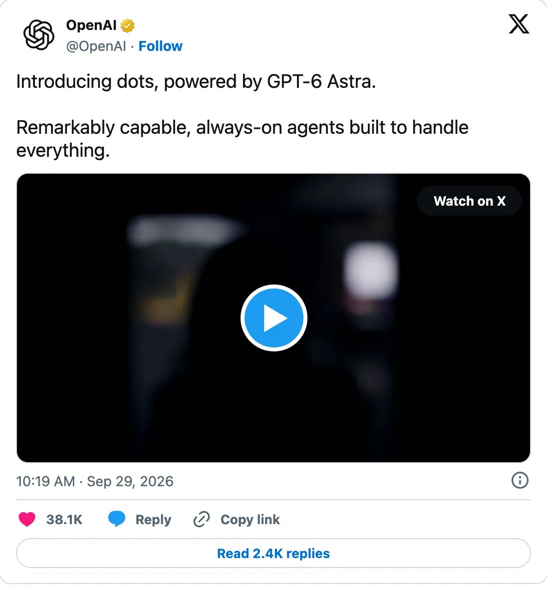 OpenAI tweet introducing Dots, always-on agents powered by GPT-6 Astra
