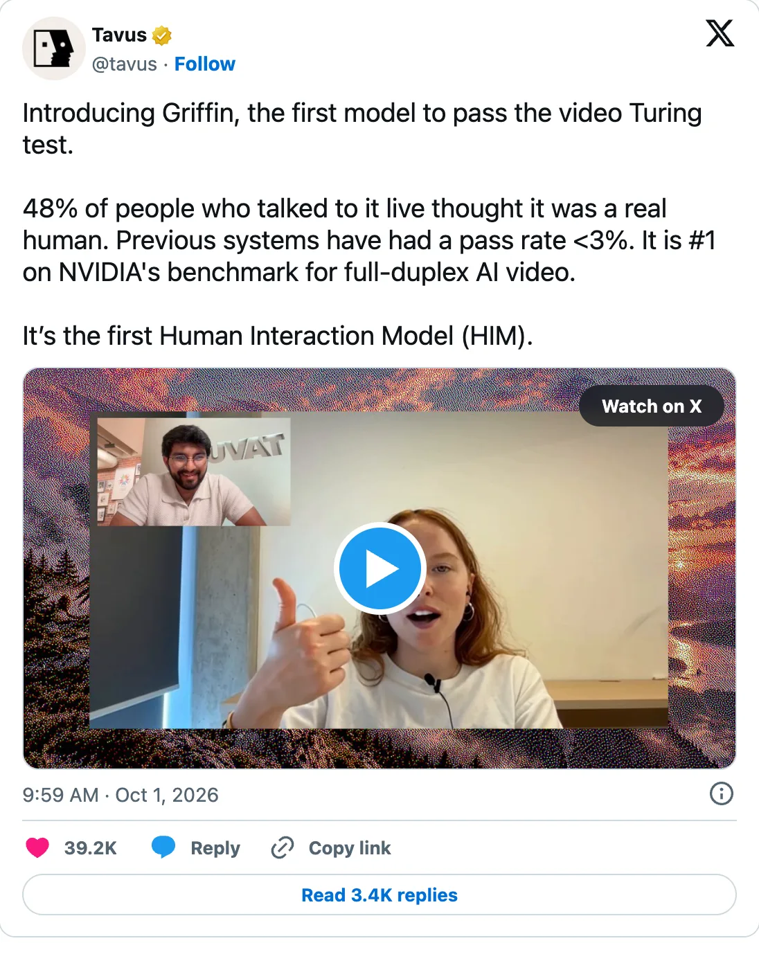 Tavus tweet introducing Griffin, the first model to pass the video Turing test