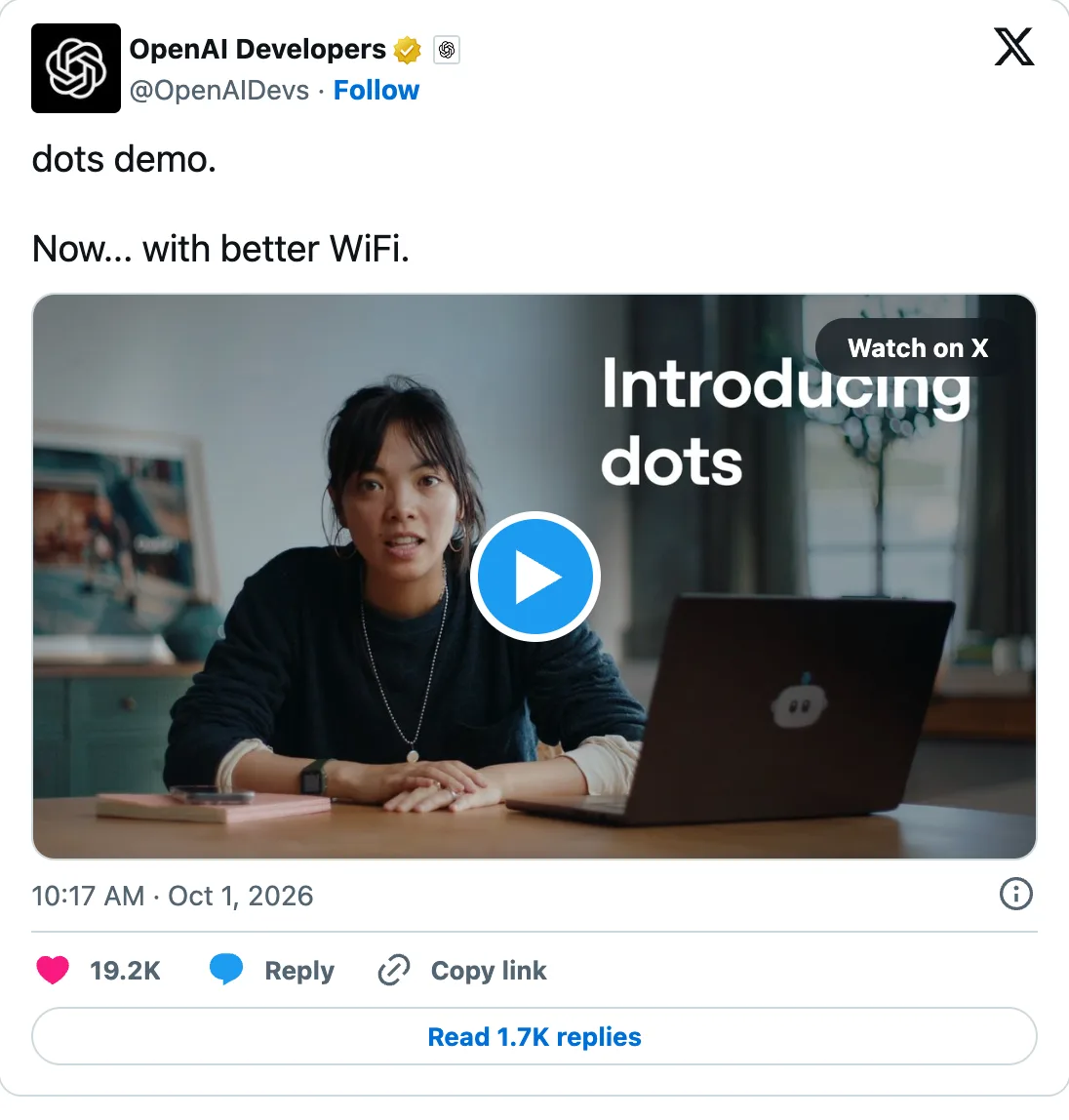 OpenAI Developers tweet with a second Dots demo, now with better WiFi