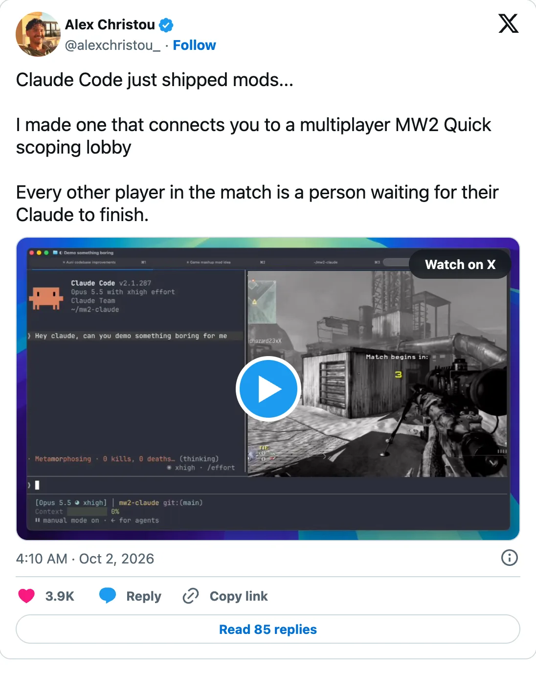 Alex Christou tweet showing a Claude Code mod that turns waiting into a multiplayer game lobby