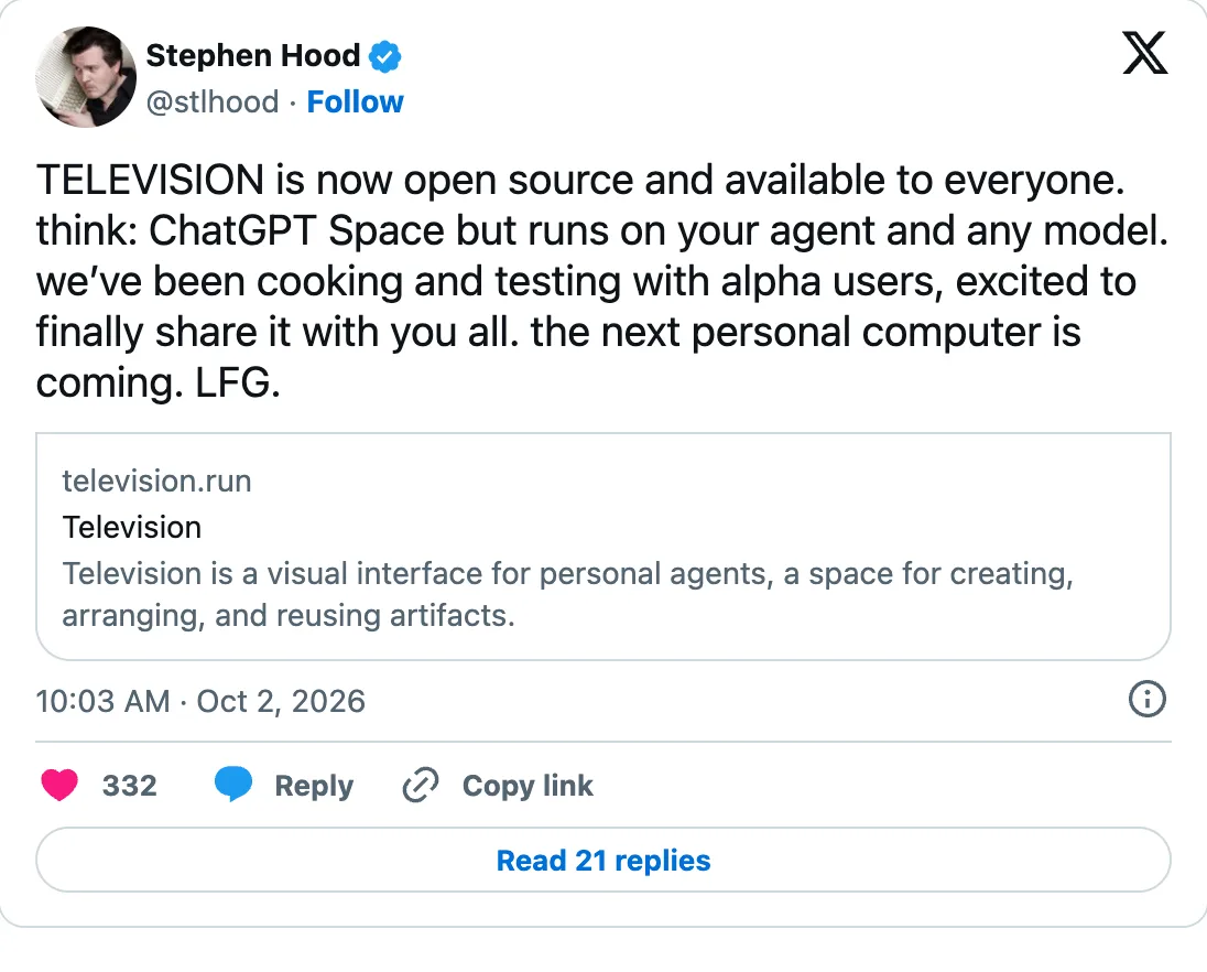 Stephen Hood tweet announcing Television is open source