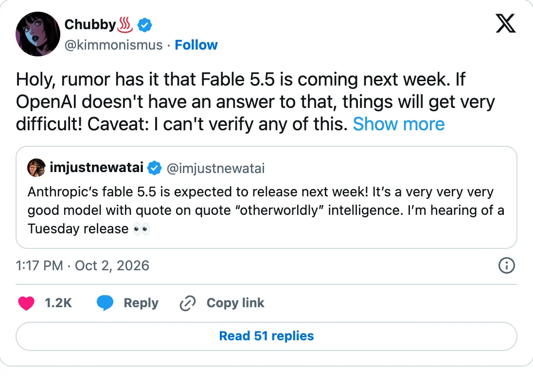 Chubby tweet predicting Fable 5.5 is coming next week