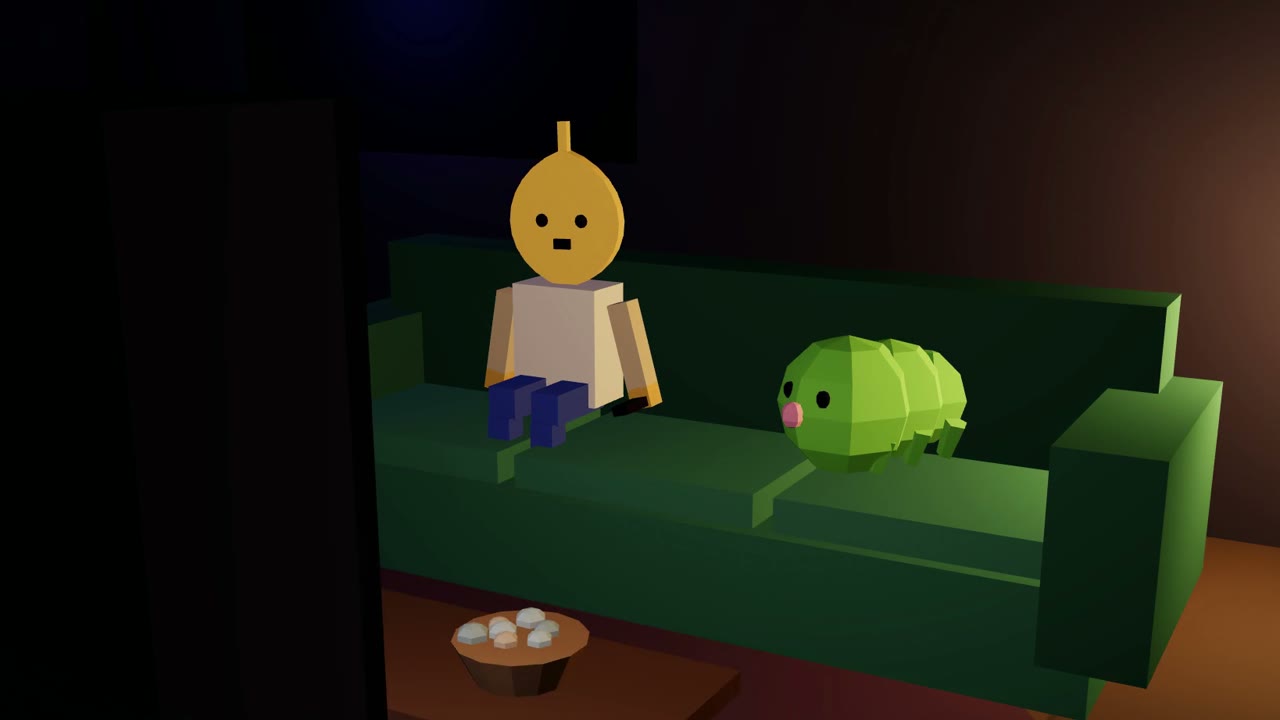 Fig, a small figure with a gold fig-leaf head, sits on a green couch beside Moss, a green tardigrade. A bowl of pebbles rests on the coffee table.