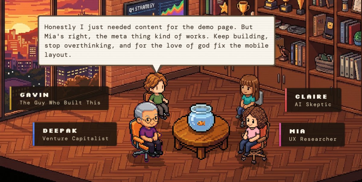 A Fishbowl session: four pixel-art AI panelists debating an idea around a roundtable
