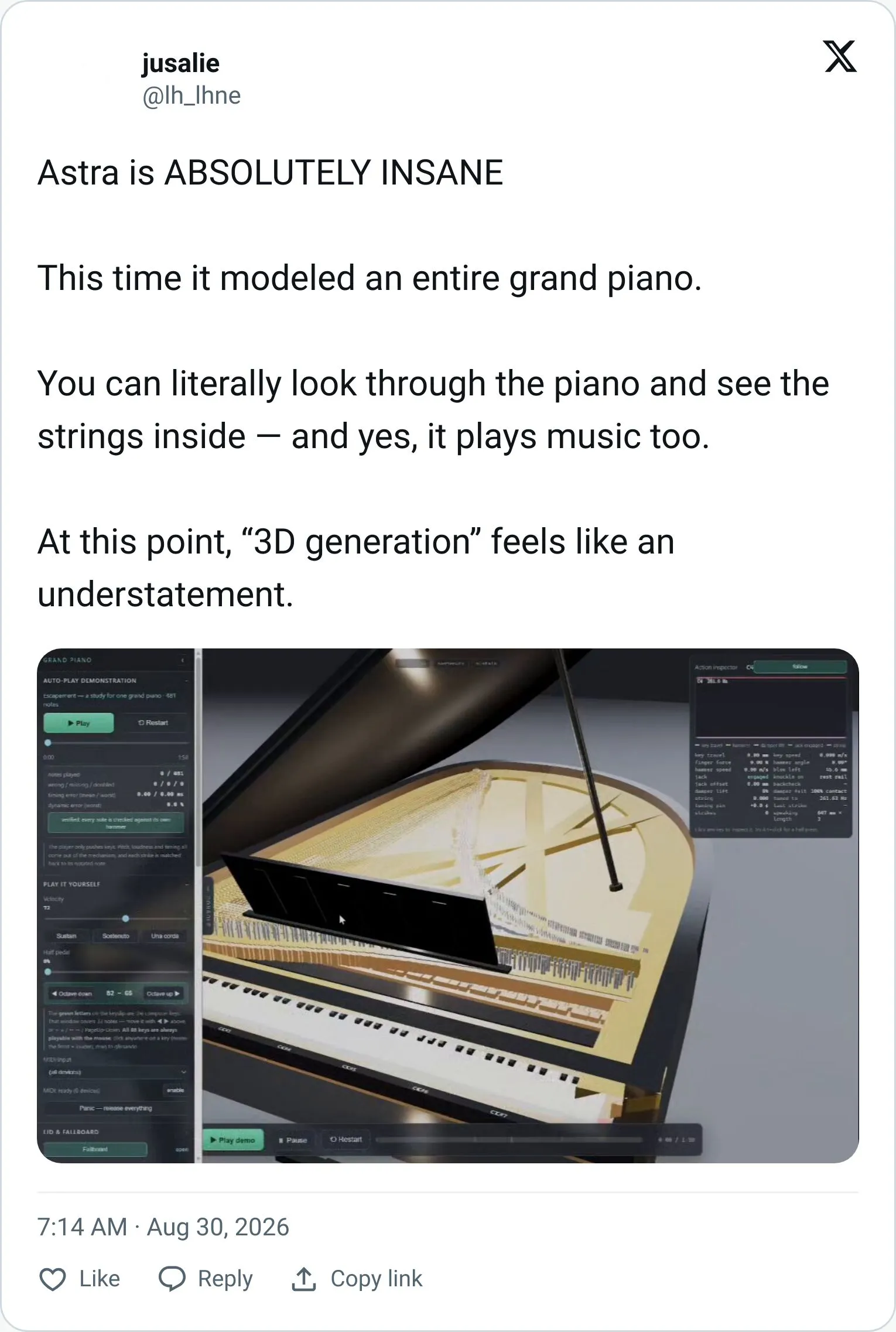 Leaked Astra output showing a fully modeled piano