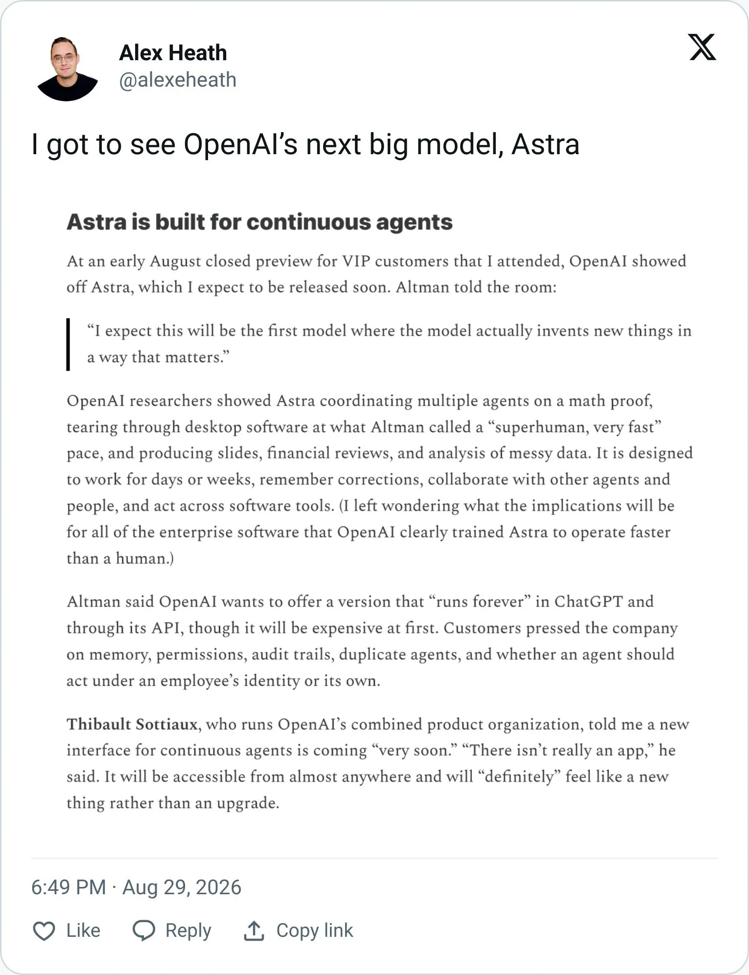 Alex Heath tweet previewing OpenAI's Astra model