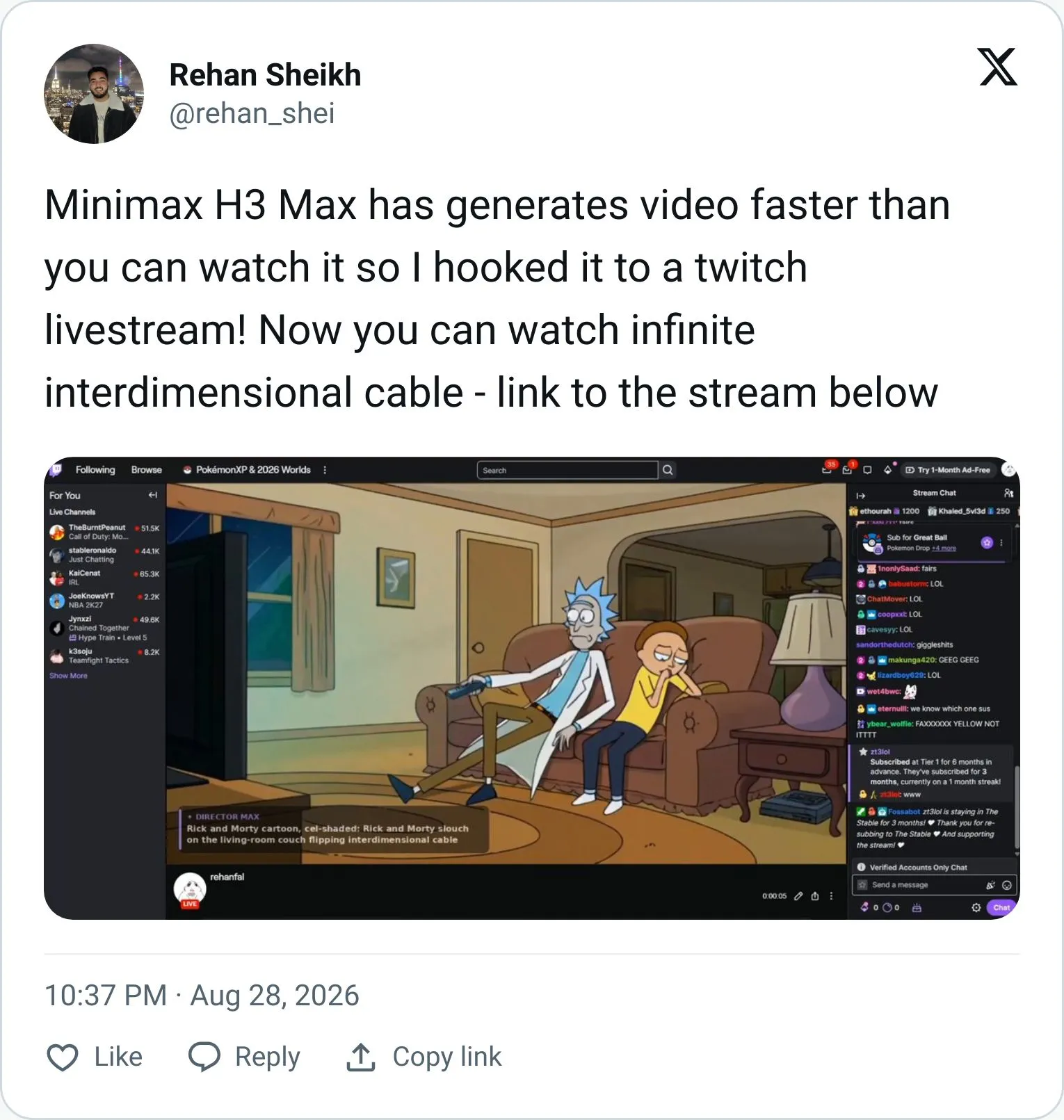 Rehan Sheikh tweet about his Interdimensional Cable stream built on H3 Max