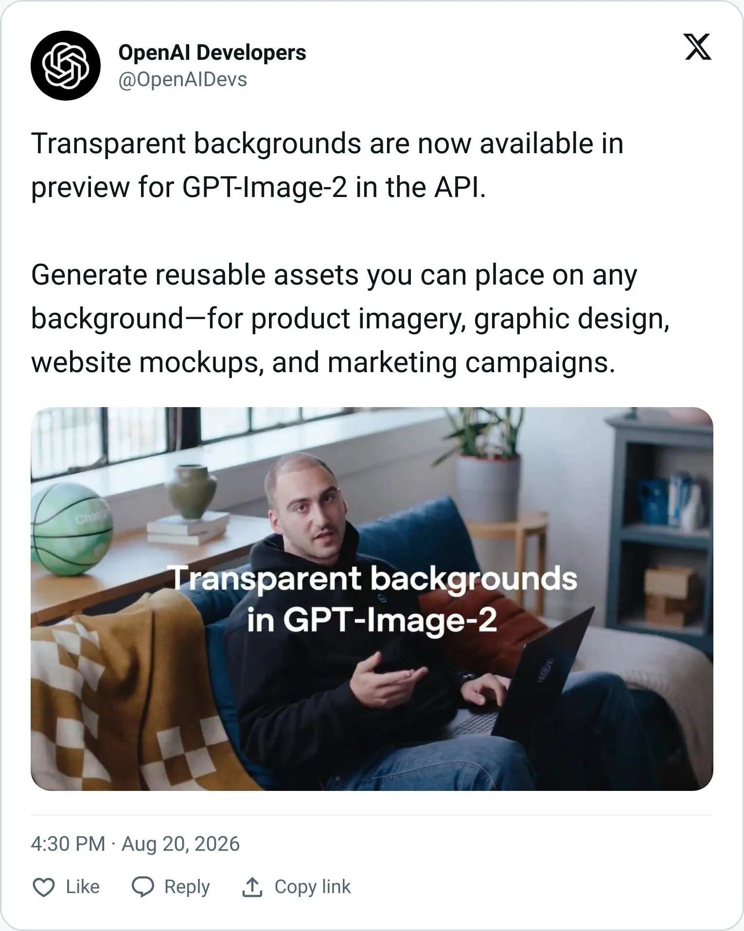 OpenAI Devs tweet about transparent images in GPT-Image-2