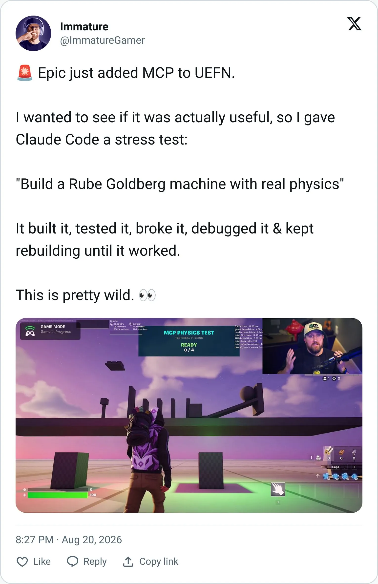 Immature Gamer tweet building a Fortnite level with AI via MCP