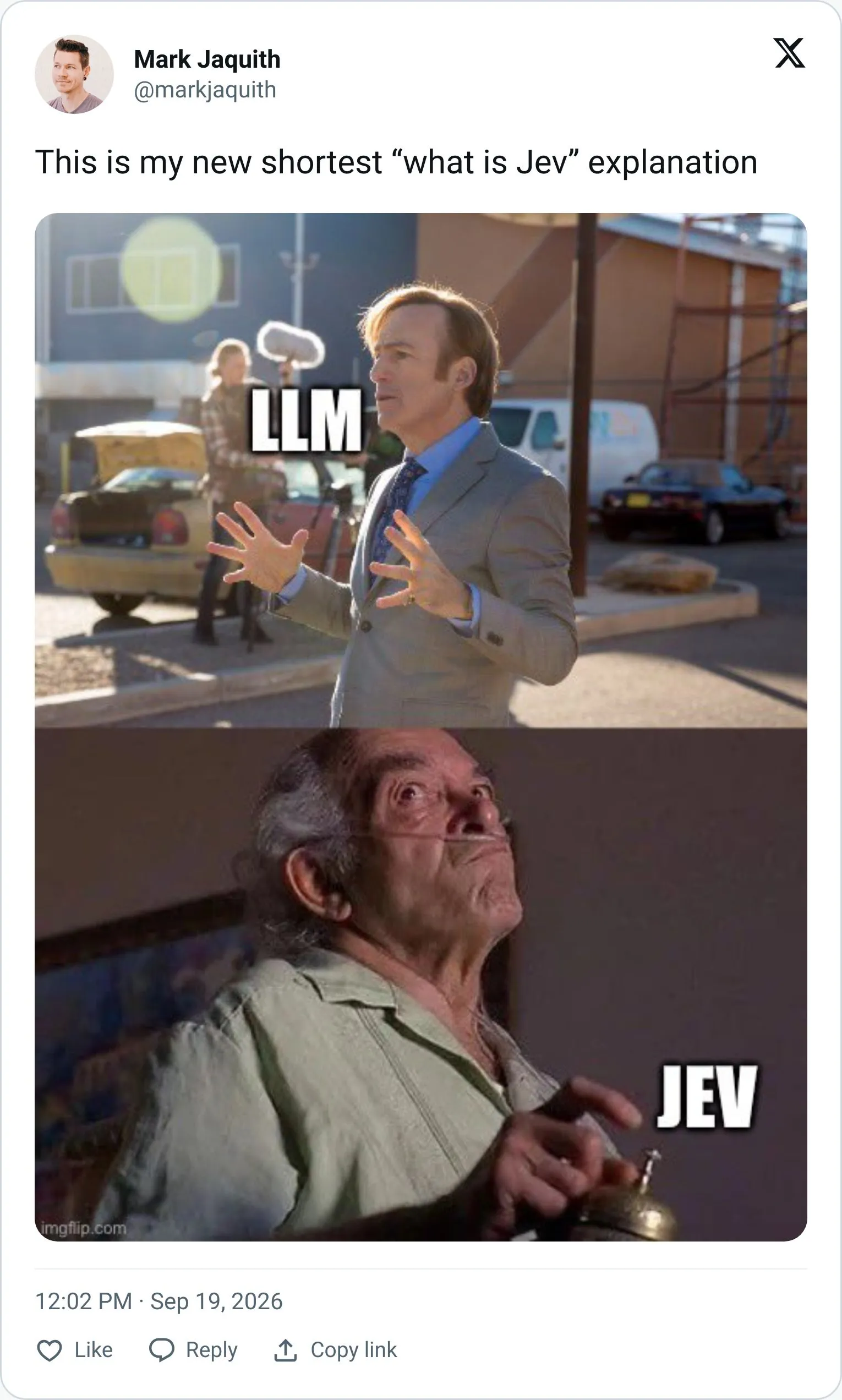 Mark Jaquith tweet explaining Jev with a Breaking Bad meme