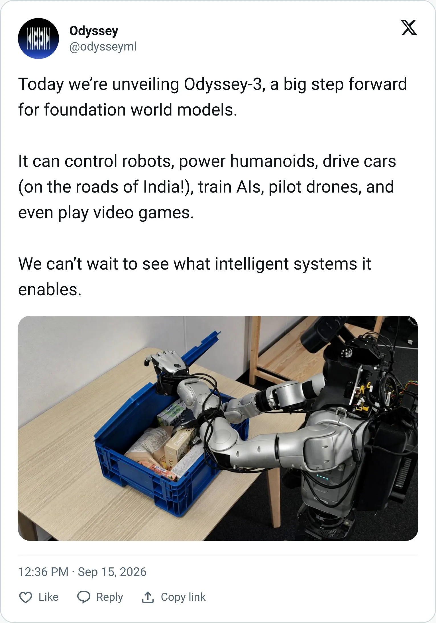 Odyssey tweet announcing the Odyssey-3 world model