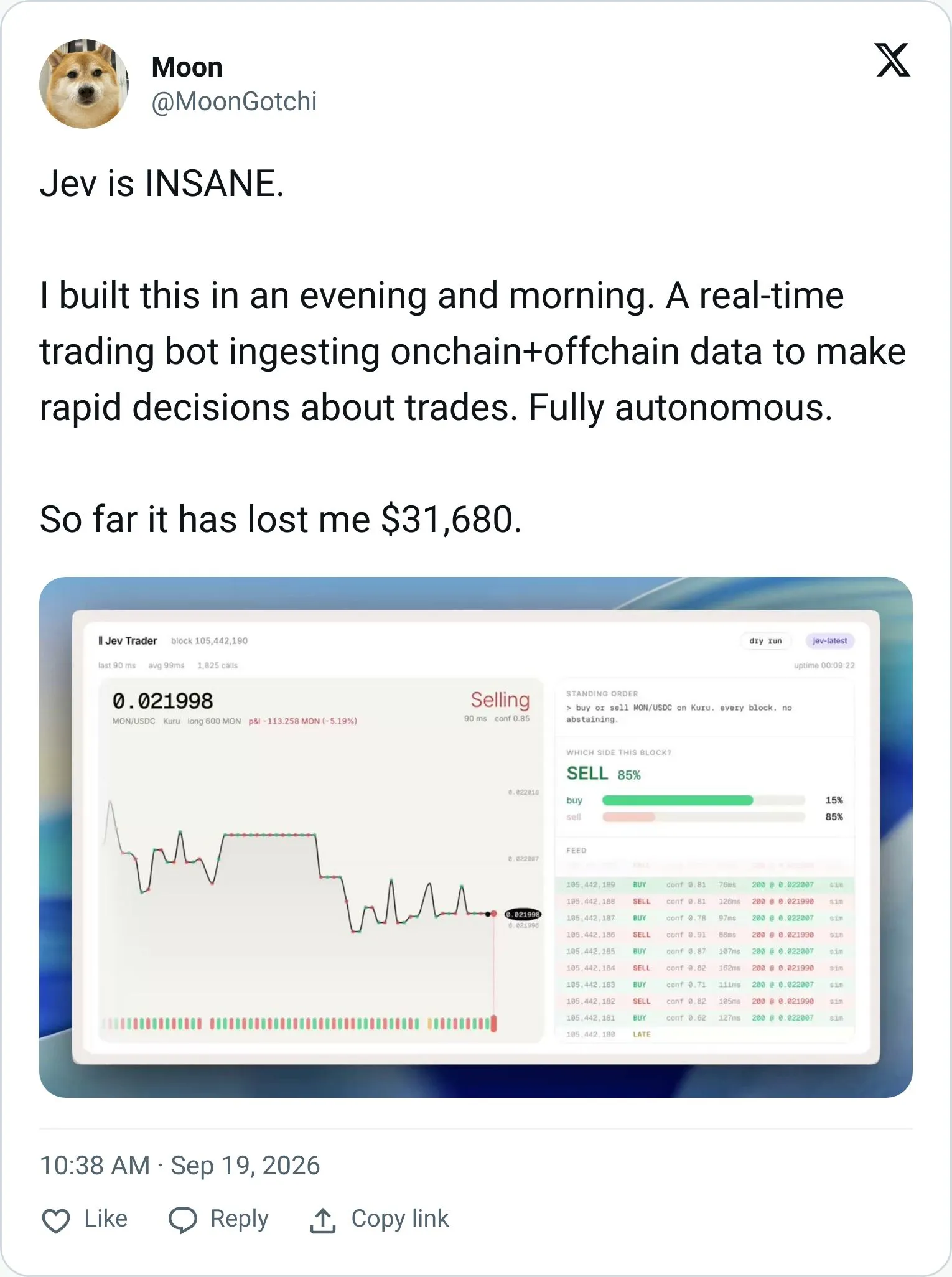 Tweet about a Jev-powered trading bot that lost $31,680