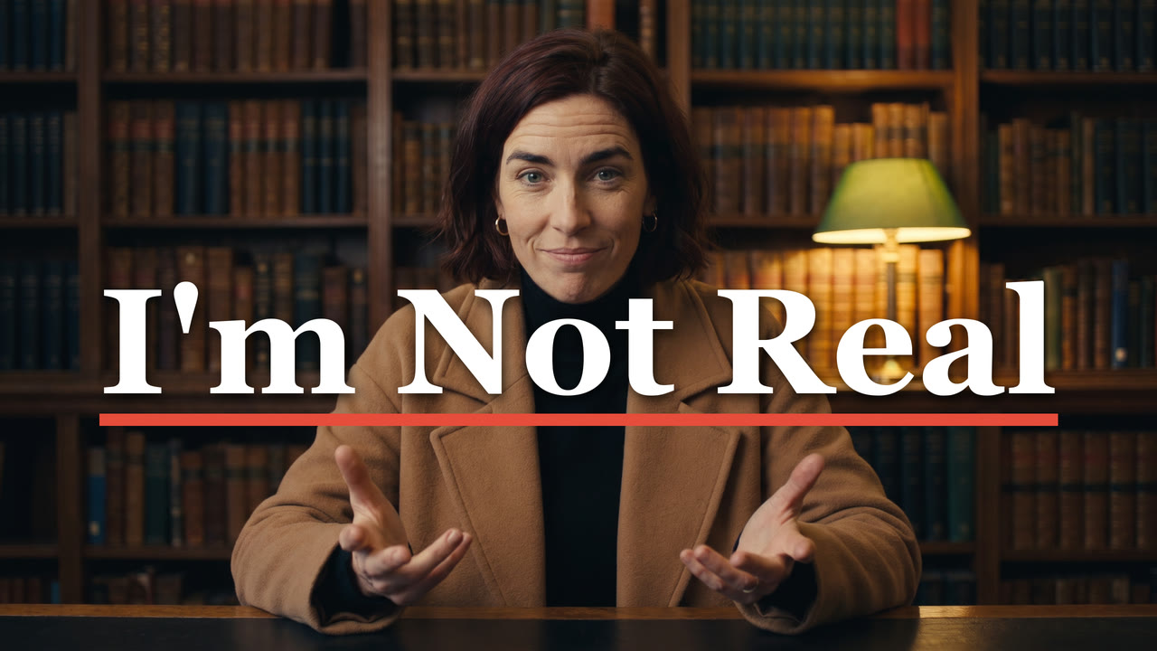 Dr Imogen Ashby, the AI-generated host of The Last Invention, at a library desk under the words I’m Not Real.