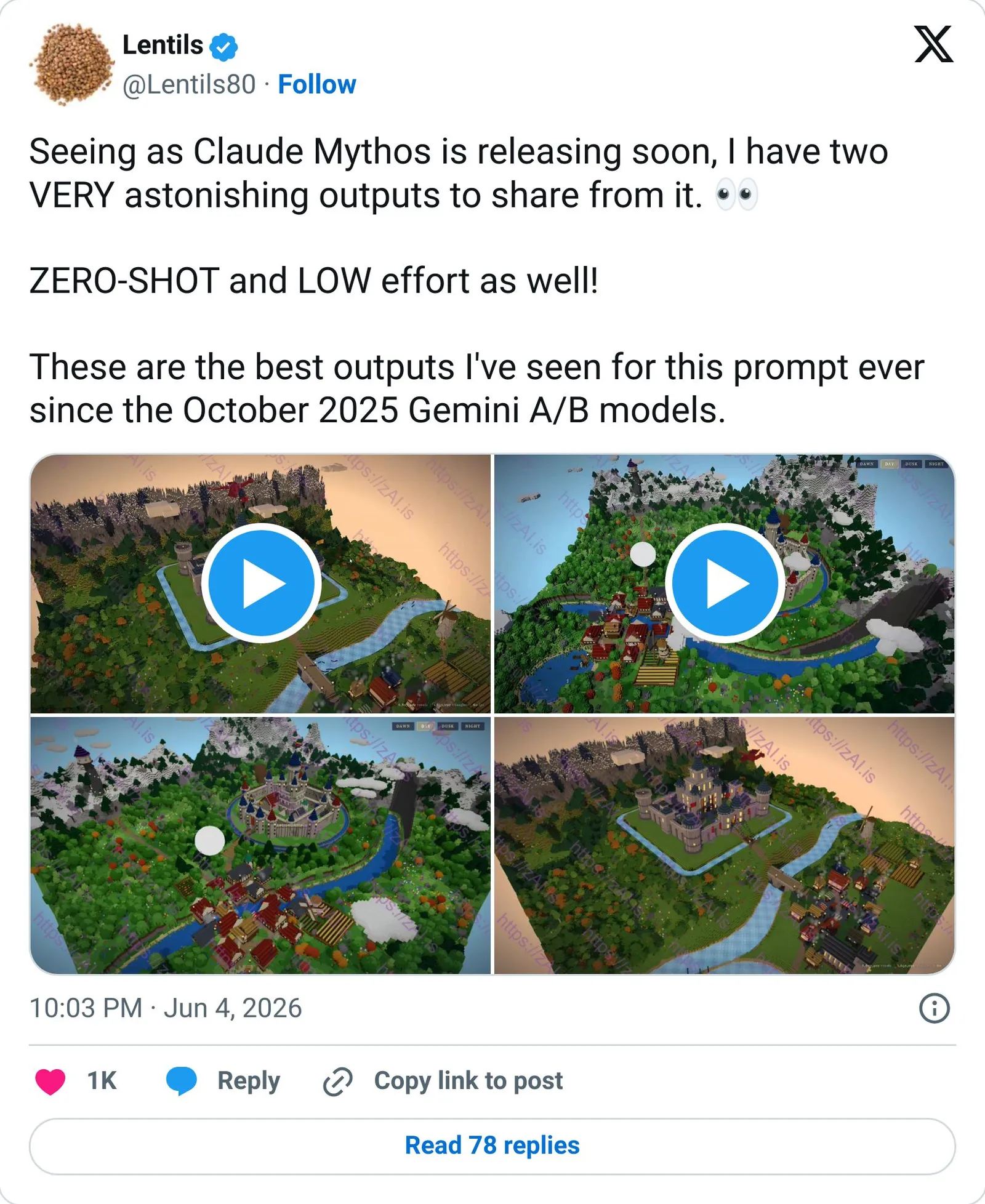 Claude Mythos Minecraft build tweet