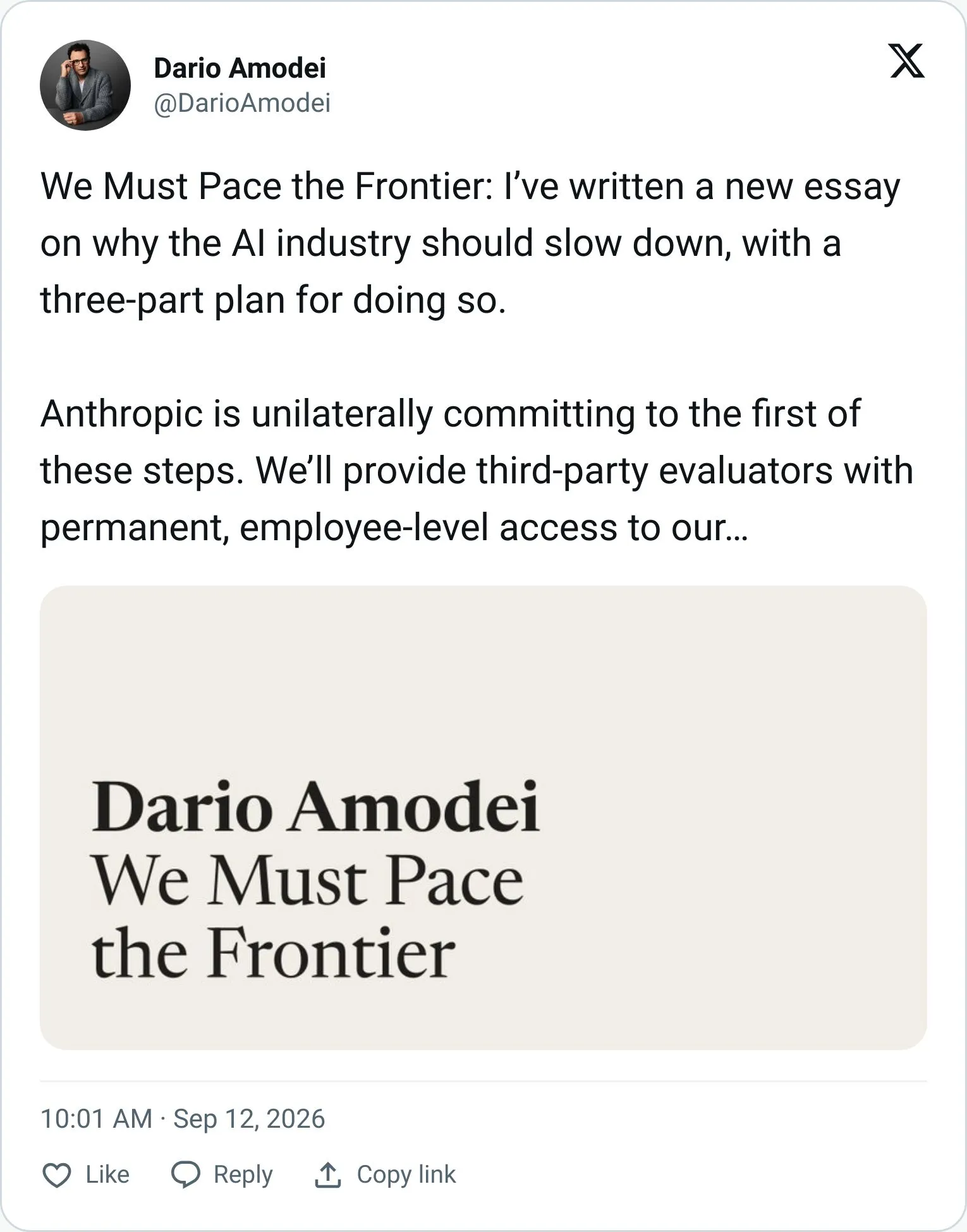 Dario Amodei tweet sharing his essay We Must Pace the Frontier