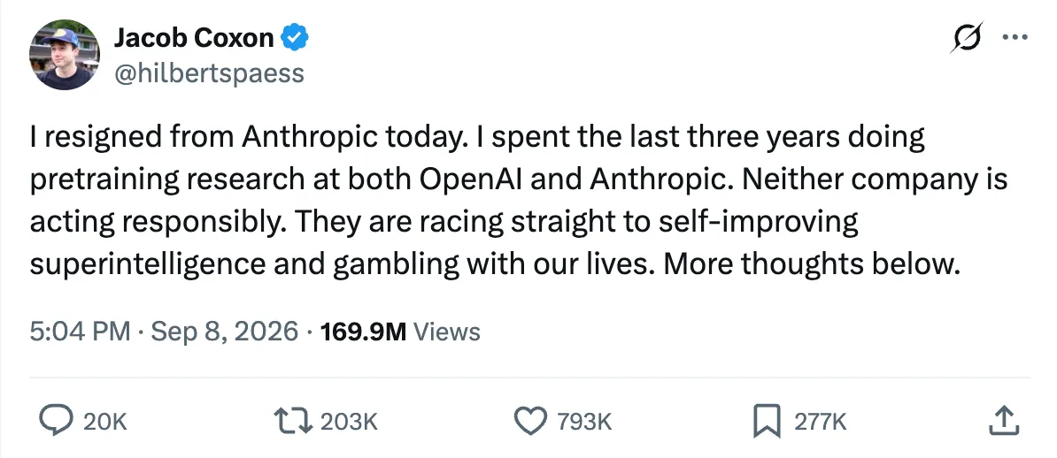 Viral tweet from an ex-Anthropic researcher warning about self-improving AI