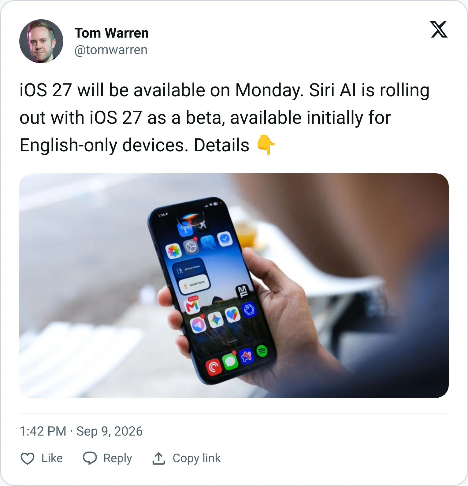 Tom Warren tweet about the new Siri in iOS 27