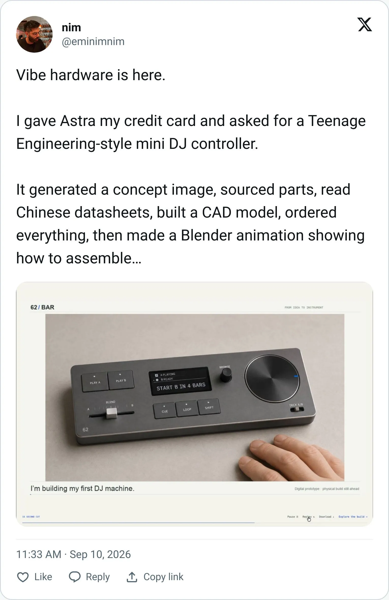 Tweet showing a DJ controller designed and ordered by GPT-6 Astra