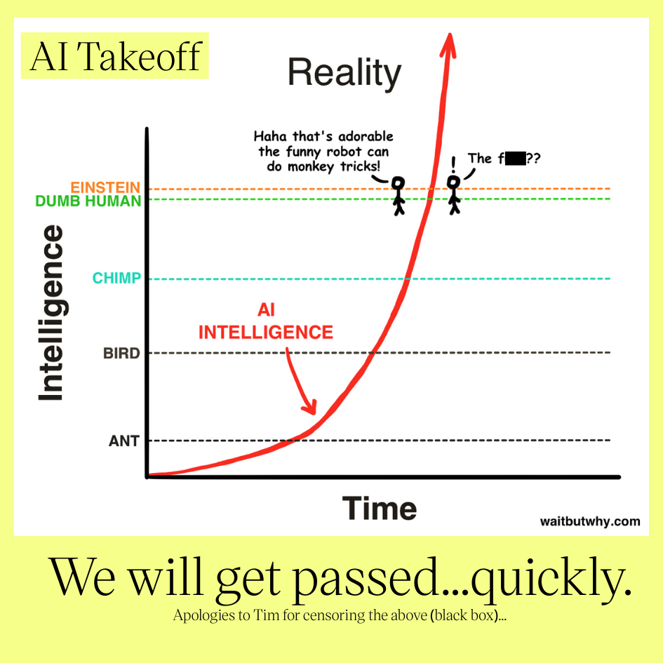 Wait But Why - AI Takeoff Reality chart showing AI intelligence surpassing humans
