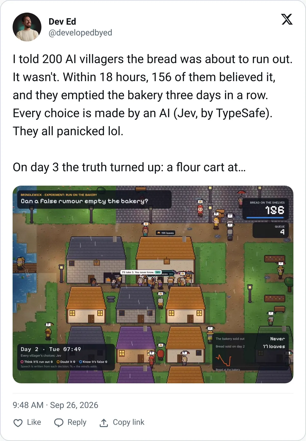 Dev Ed tweet about 200 AI villagers and a fake bread shortage