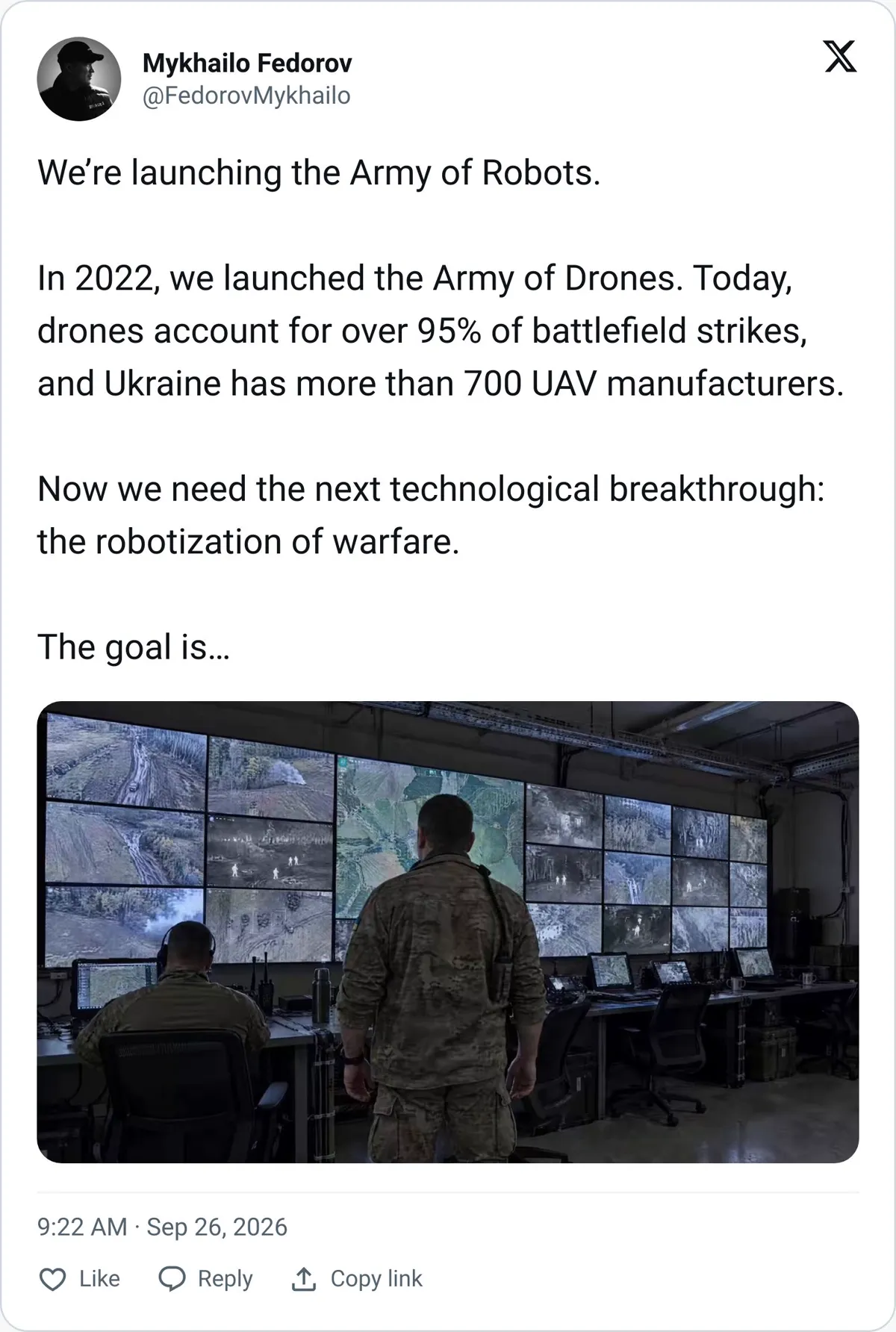Mykhailo Fedorov tweet announcing an Army of Robots initiative