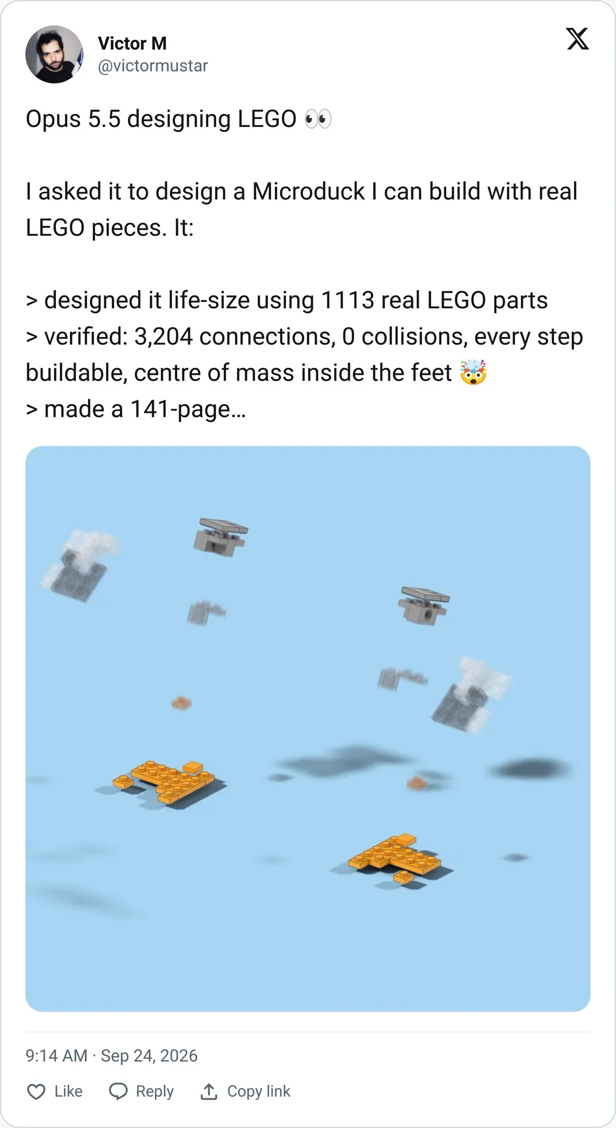 Victor Mustar tweet showing a life-size LEGO MicroDuck designed by Claude Opus 5.5