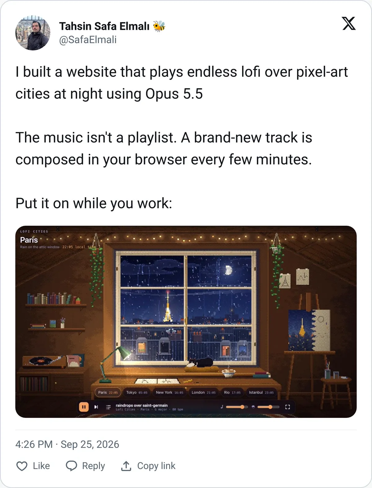 Tahsin Safa Elmalı tweet showing Lofi Cities, a never-ending lofi radio built with Opus 5.5