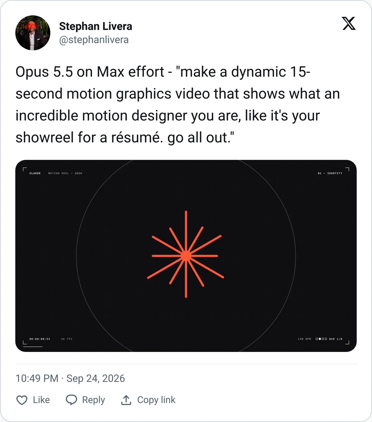 Tweet showing a motion design test made with Claude Opus 5.5